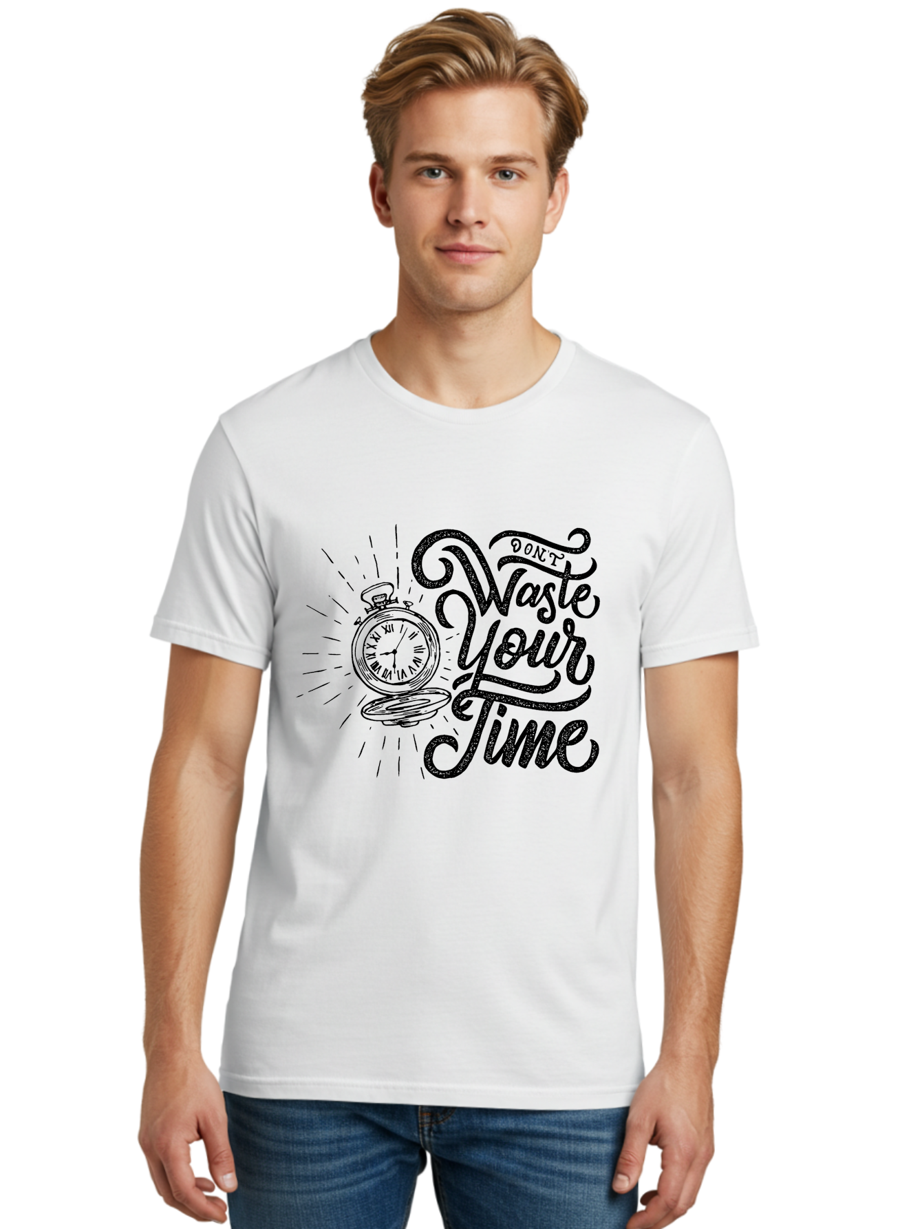 Don-T-Waste-Your-Time-1 Men'S Graphic Tee, 100% Cotton, Comfortable Casual Summer Wear, Machine Washable, Pocket Watch, Motivational Quote, Time Management, Productivity, Inspirational Saying, Vintage Clock, Productivity Tip, Time Is Money Aab243