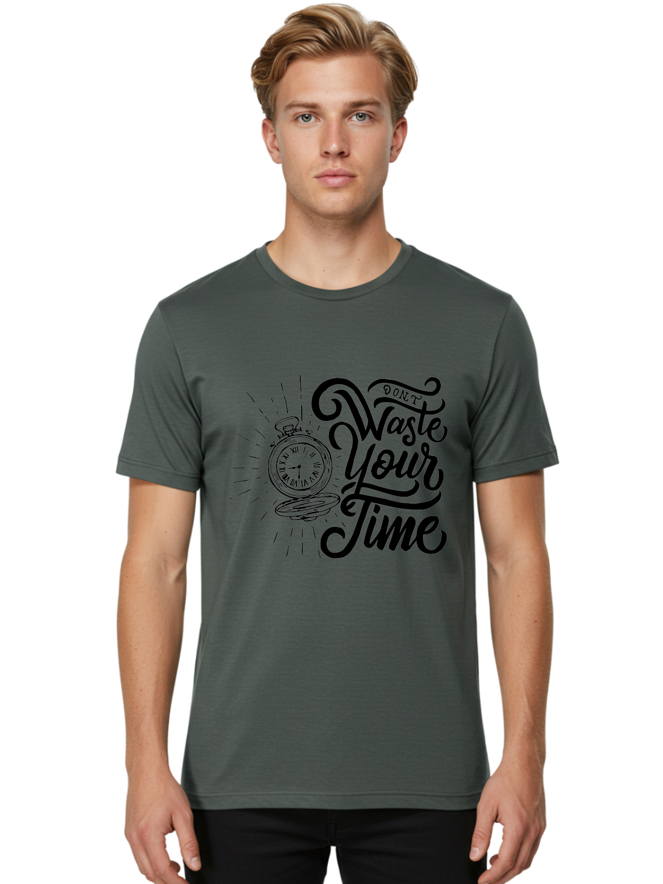 Don-T-Waste-Your-Time Men'S Graphic Tee, 100% Cotton, Comfortable Casual Summer Wear, Machine Washable, Motivational Quote, Pocket Watch, Time Management, Productivity Tips, Inspirational Sayings, Typography Art, Motivational Posters Aab244