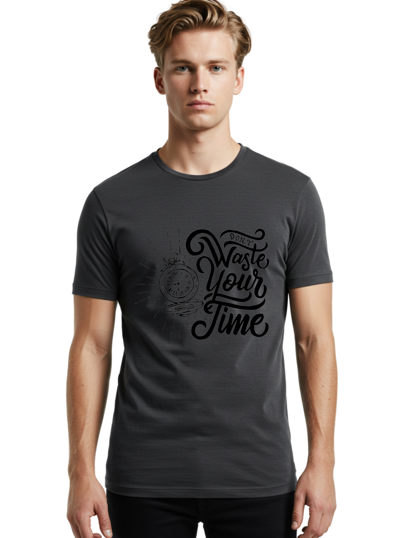 Don-T-Waste-Your-Time Men'S Graphic Tee, 100% Cotton, Comfortable Casual Summer Wear, Machine Washable, Motivational Quote, Pocket Watch, Time Management, Productivity Tips, Inspirational Sayings, Typography Art, Motivational Posters Aab244