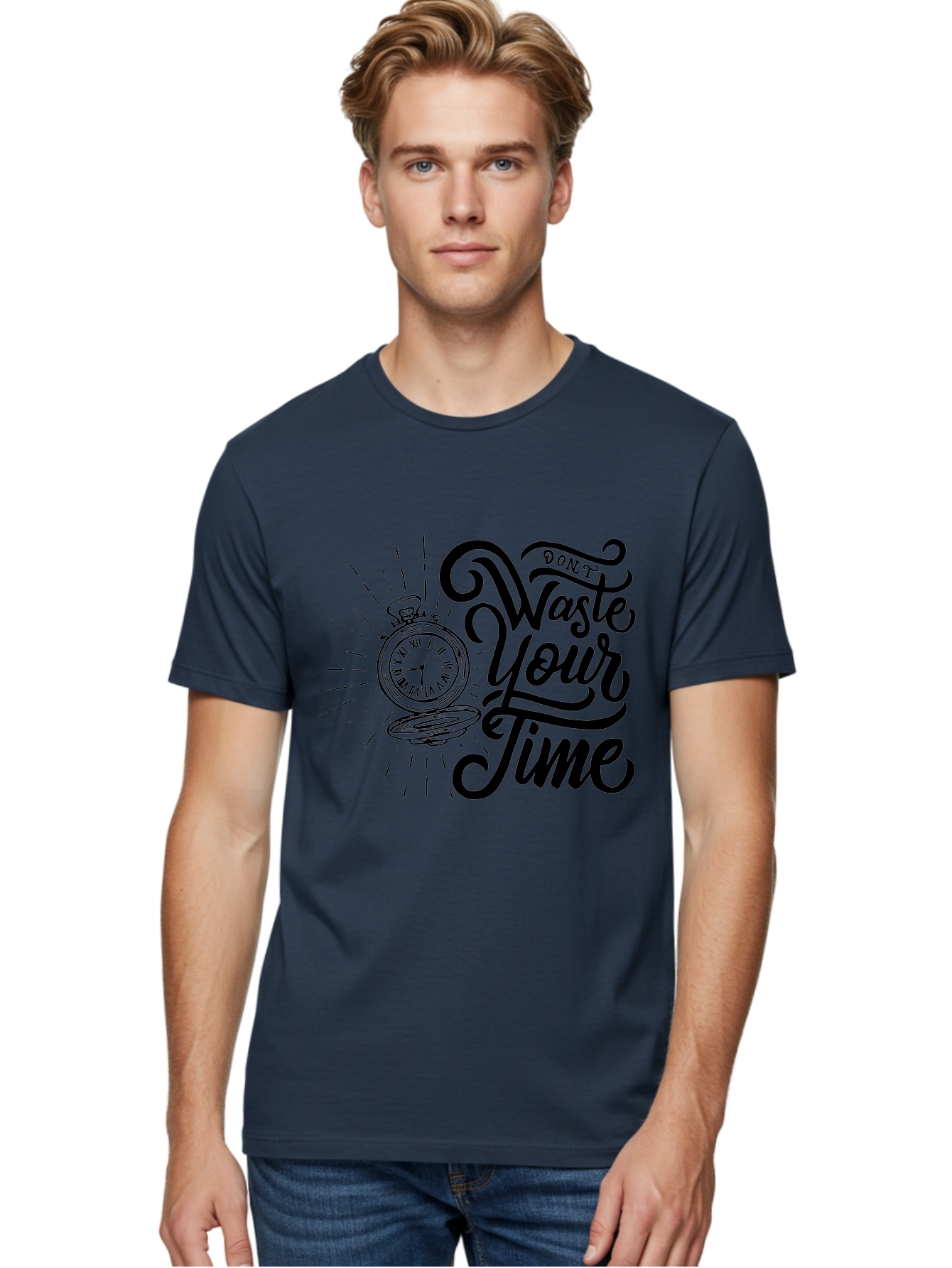 Don-T-Waste-Your-Time Men'S Graphic Tee, 100% Cotton, Comfortable Casual Summer Wear, Machine Washable, Motivational Quote, Pocket Watch, Time Management, Productivity Tips, Inspirational Sayings, Typography Art, Motivational Posters Aab244