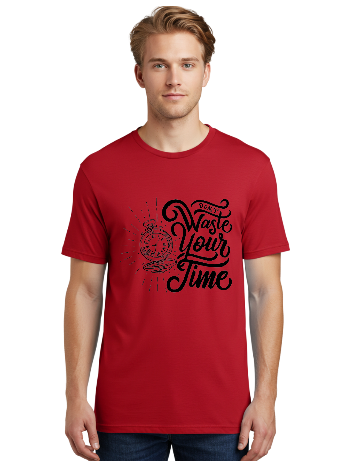 Don-T-Waste-Your-Time Men'S Graphic Tee, 100% Cotton, Comfortable Casual Summer Wear, Machine Washable, Motivational Quote, Pocket Watch, Time Management, Productivity Tips, Inspirational Sayings, Typography Art, Motivational Posters Aab244