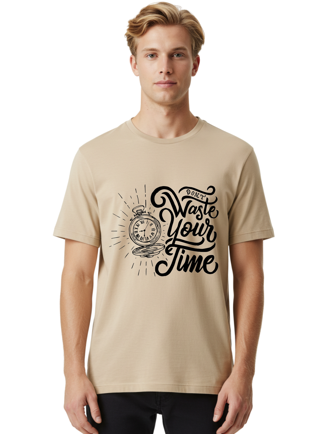 Don-T-Waste-Your-Time Men'S Graphic Tee, 100% Cotton, Comfortable Casual Summer Wear, Machine Washable, Motivational Quote, Pocket Watch, Time Management, Productivity Tips, Inspirational Sayings, Typography Art, Motivational Posters Aab244