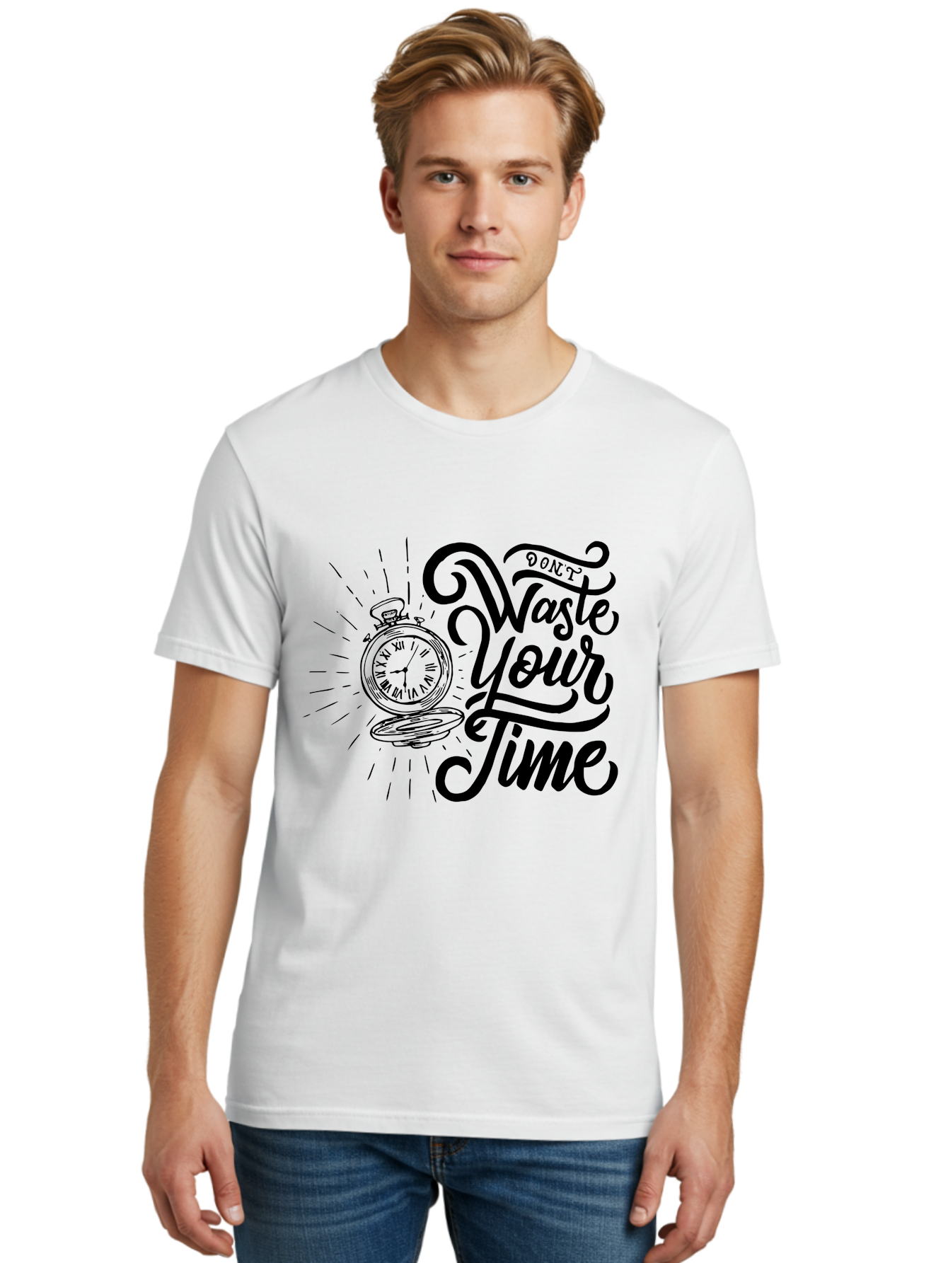 Don-T-Waste-Your-Time Men'S Graphic Tee, 100% Cotton, Comfortable Casual Summer Wear, Machine Washable, Motivational Quote, Pocket Watch, Time Management, Productivity Tips, Inspirational Sayings, Typography Art, Motivational Posters Aab244