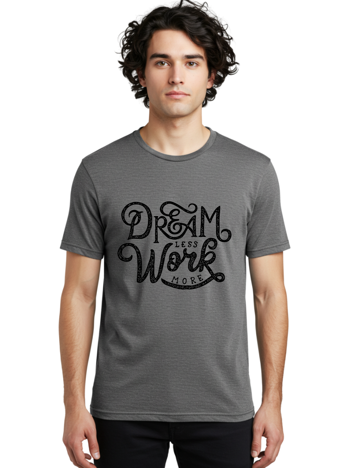 Dream-Less-Work-More-1 Men'S Graphic Tee, 100% Cotton, Comfortable Casual Summer Wear, Machine Washable, Inspirational Quote, Motivational Phrase, Dream Less Work More, Stylized Typography, Creative Font, Positive Vibes, Productivity Hack, Aab247