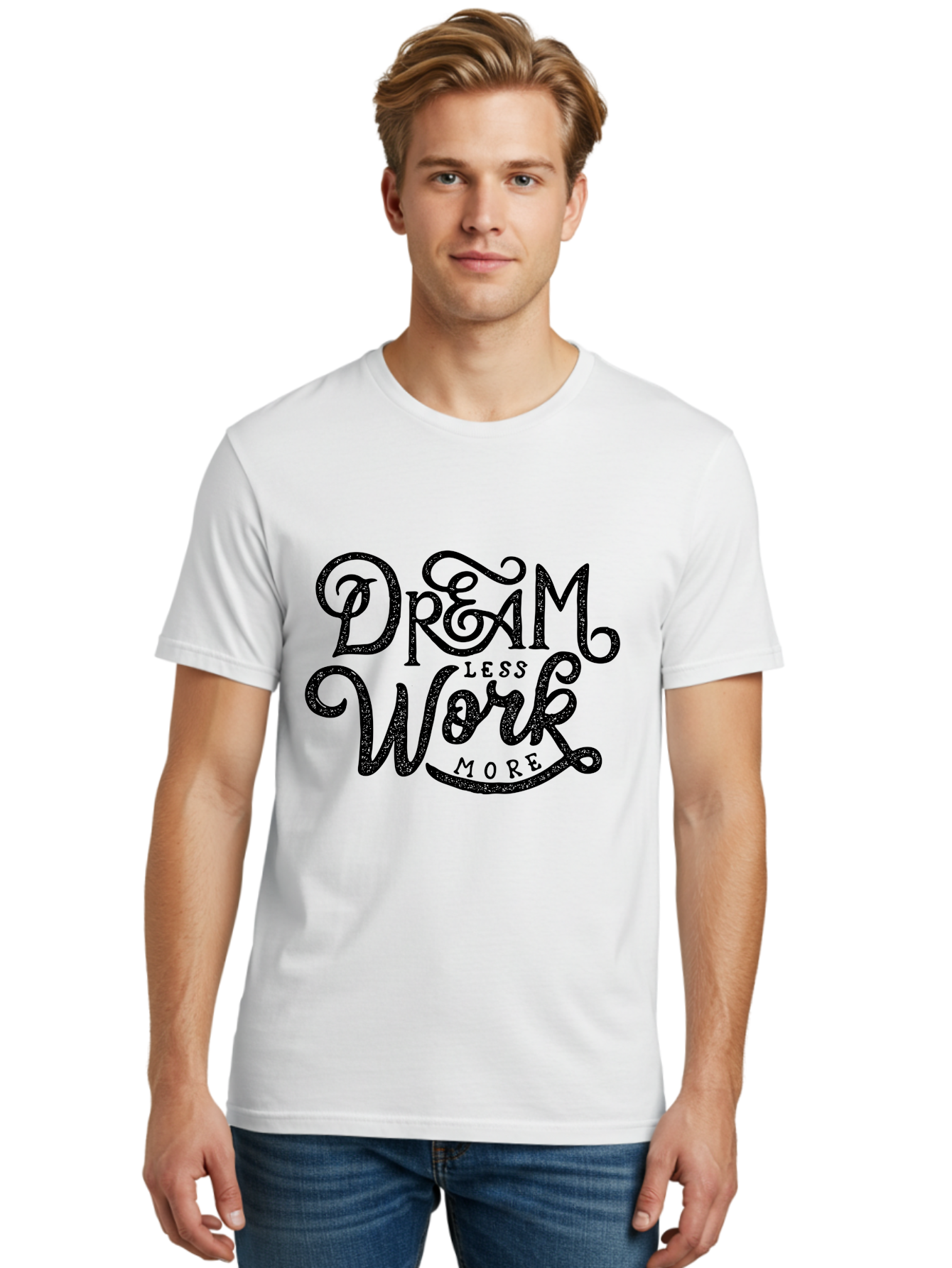 Dream-Less-Work-More-1 Men'S Graphic Tee, 100% Cotton, Comfortable Casual Summer Wear, Machine Washable, Inspirational Quote, Motivational Phrase, Dream Less Work More, Stylized Typography, Creative Font, Positive Vibes, Productivity Hack, Aab247