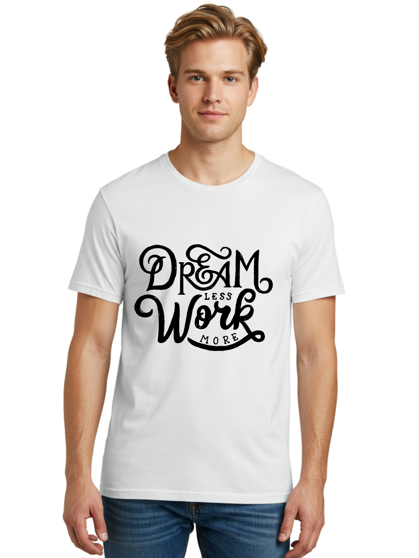 Dream-Less-Work-More Men'S Graphic Tee, 100% Cotton, Comfortable Casual Summer Wear, Machine Washable, Motivational Quote, Dream Less Work More, Inspirational Words, Typography Art, Stylized Text, Black Lettering, Motivational Poster, Aab248