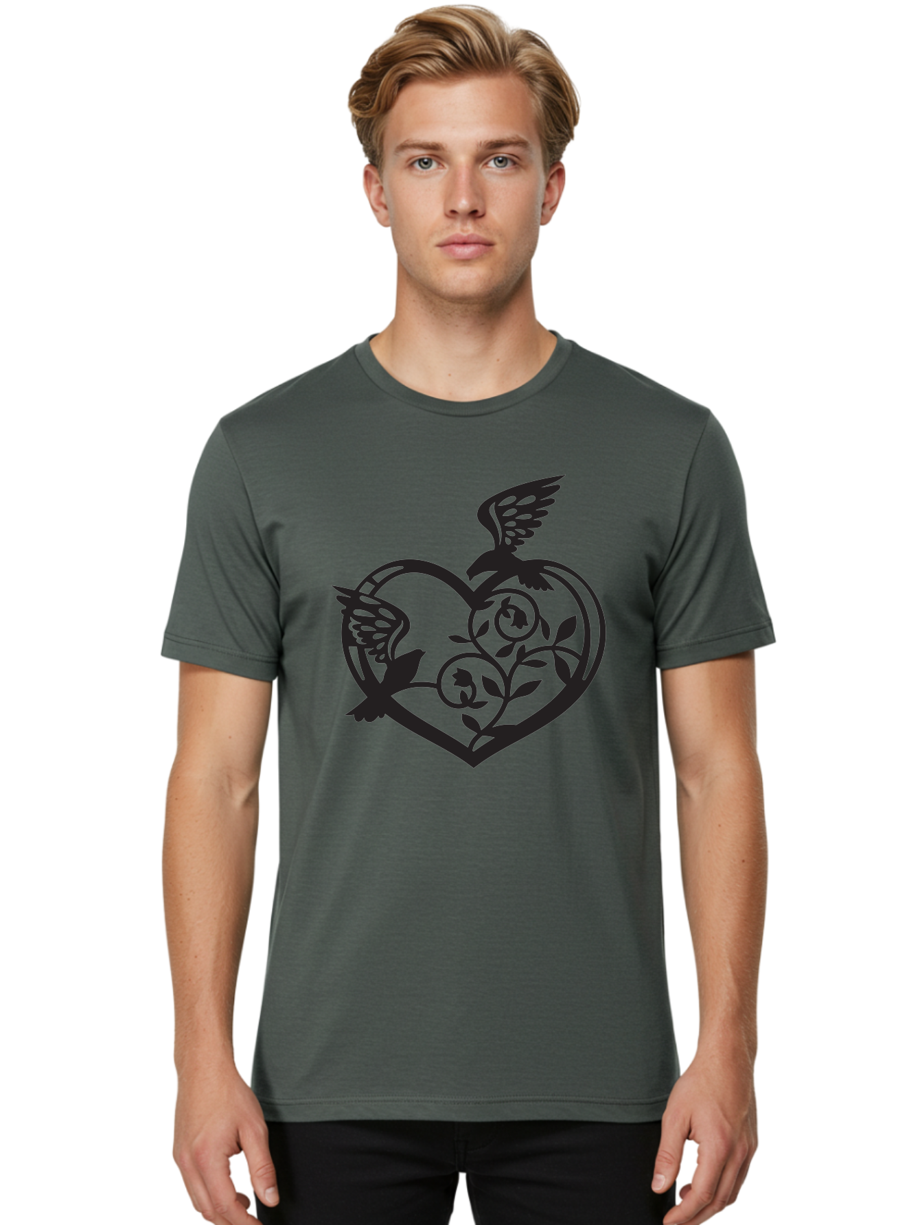 Birds-Heart Men'S Graphic Tee, 100% Cotton, Comfortable Casual Summer Wear, Machine Washable, Two Birds, Flying Birds, Heart Shape, Floral Design, Leafy Patterns, Love Symbol, Romantic Imagery, Bird Silhouettes, Whimsical Art, Elegant Design Aab257