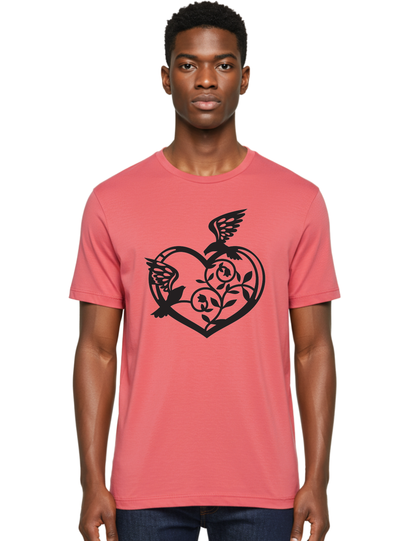 Birds-Heart Men'S Graphic Tee, 100% Cotton, Comfortable Casual Summer Wear, Machine Washable, Two Birds, Flying Birds, Heart Shape, Floral Design, Leafy Patterns, Love Symbol, Romantic Imagery, Bird Silhouettes, Whimsical Art, Elegant Design Aab257