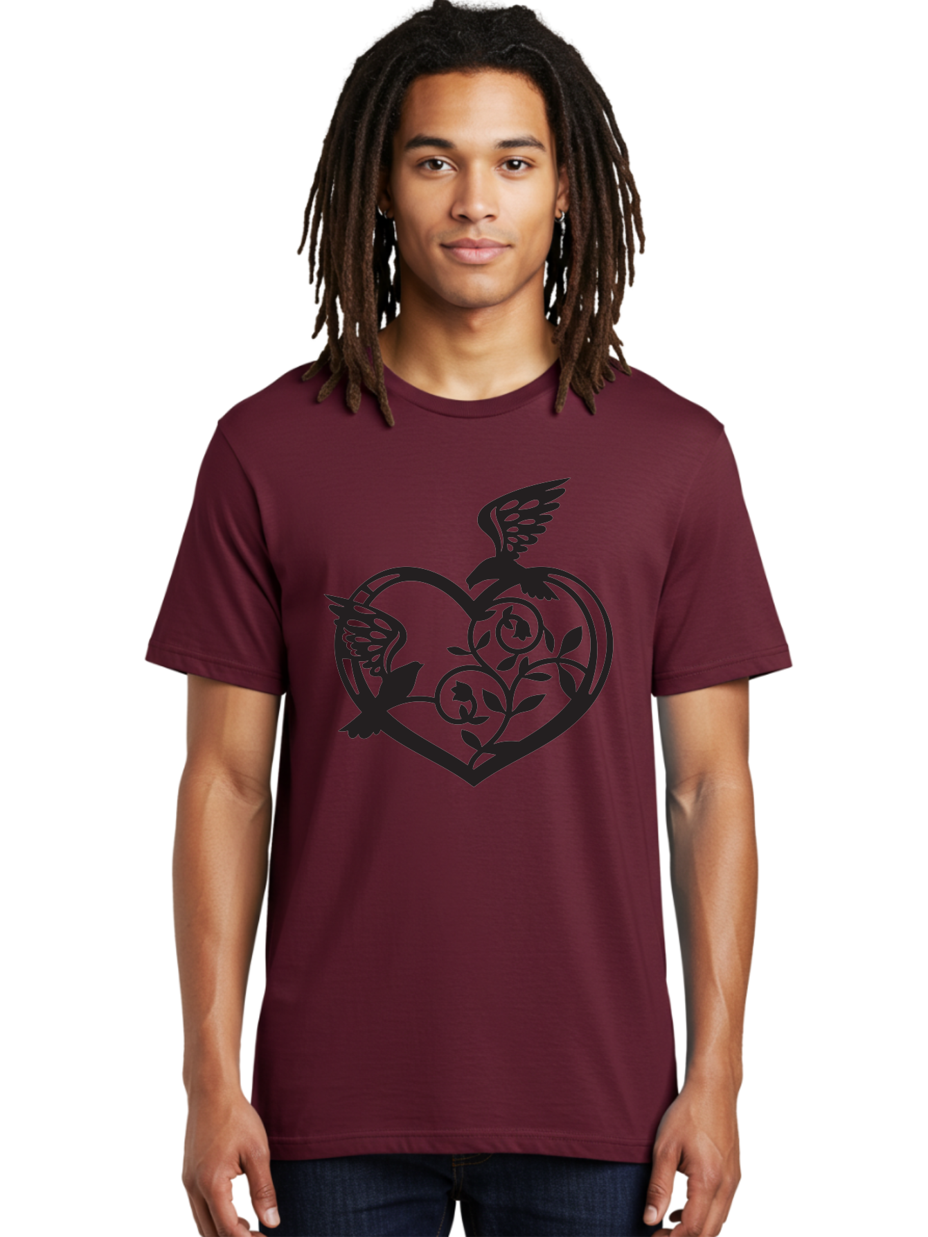 Birds-Heart Men'S Graphic Tee, 100% Cotton, Comfortable Casual Summer Wear, Machine Washable, Two Birds, Flying Birds, Heart Shape, Floral Design, Leafy Patterns, Love Symbol, Romantic Imagery, Bird Silhouettes, Whimsical Art, Elegant Design Aab257