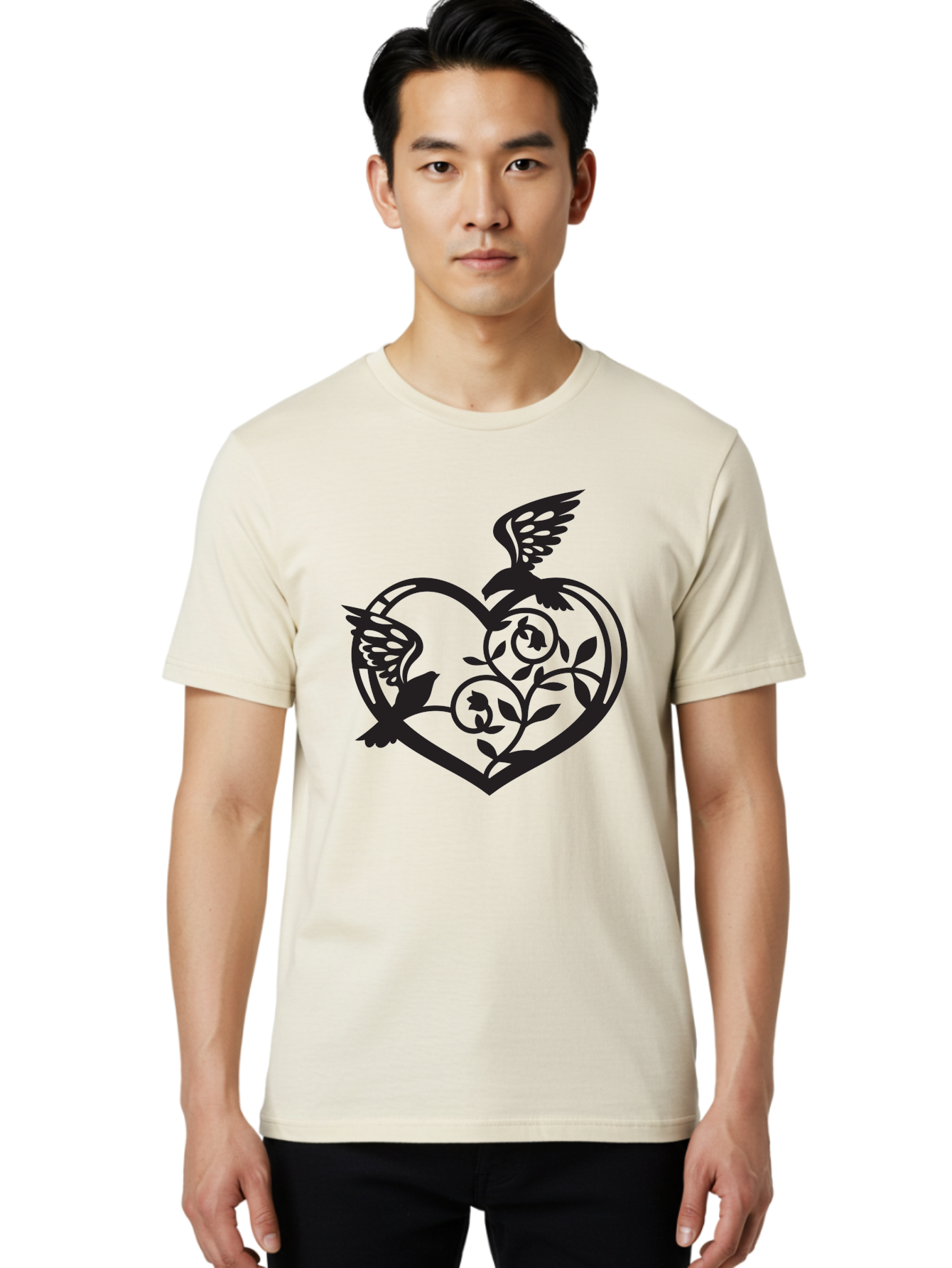 Birds-Heart Men'S Graphic Tee, 100% Cotton, Comfortable Casual Summer Wear, Machine Washable, Two Birds, Flying Birds, Heart Shape, Floral Design, Leafy Patterns, Love Symbol, Romantic Imagery, Bird Silhouettes, Whimsical Art, Elegant Design Aab257