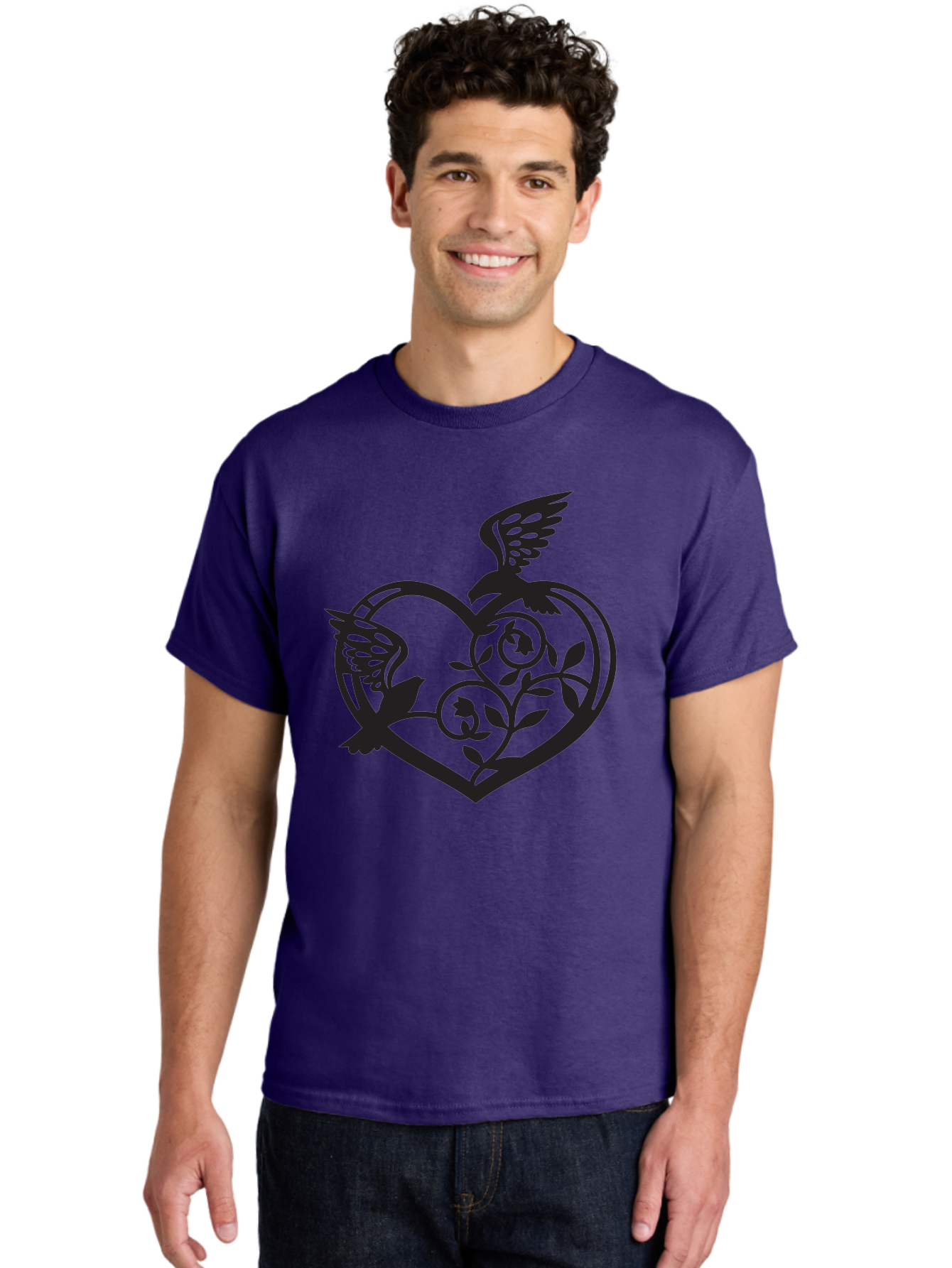 Birds-Heart Men'S Graphic Tee, 100% Cotton, Comfortable Casual Summer Wear, Machine Washable, Two Birds, Flying Birds, Heart Shape, Floral Design, Leafy Patterns, Love Symbol, Romantic Imagery, Bird Silhouettes, Whimsical Art, Elegant Design Aab257