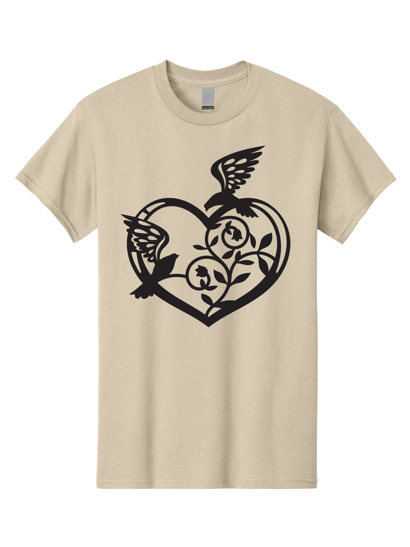 Birds-Heart Men'S Graphic Tee, 100% Cotton, Comfortable Casual Summer Wear, Machine Washable, Two Birds, Flying Birds, Heart Shape, Floral Design, Leafy Patterns, Love Symbol, Romantic Imagery, Bird Silhouettes, Whimsical Art, Elegant Design Aab257
