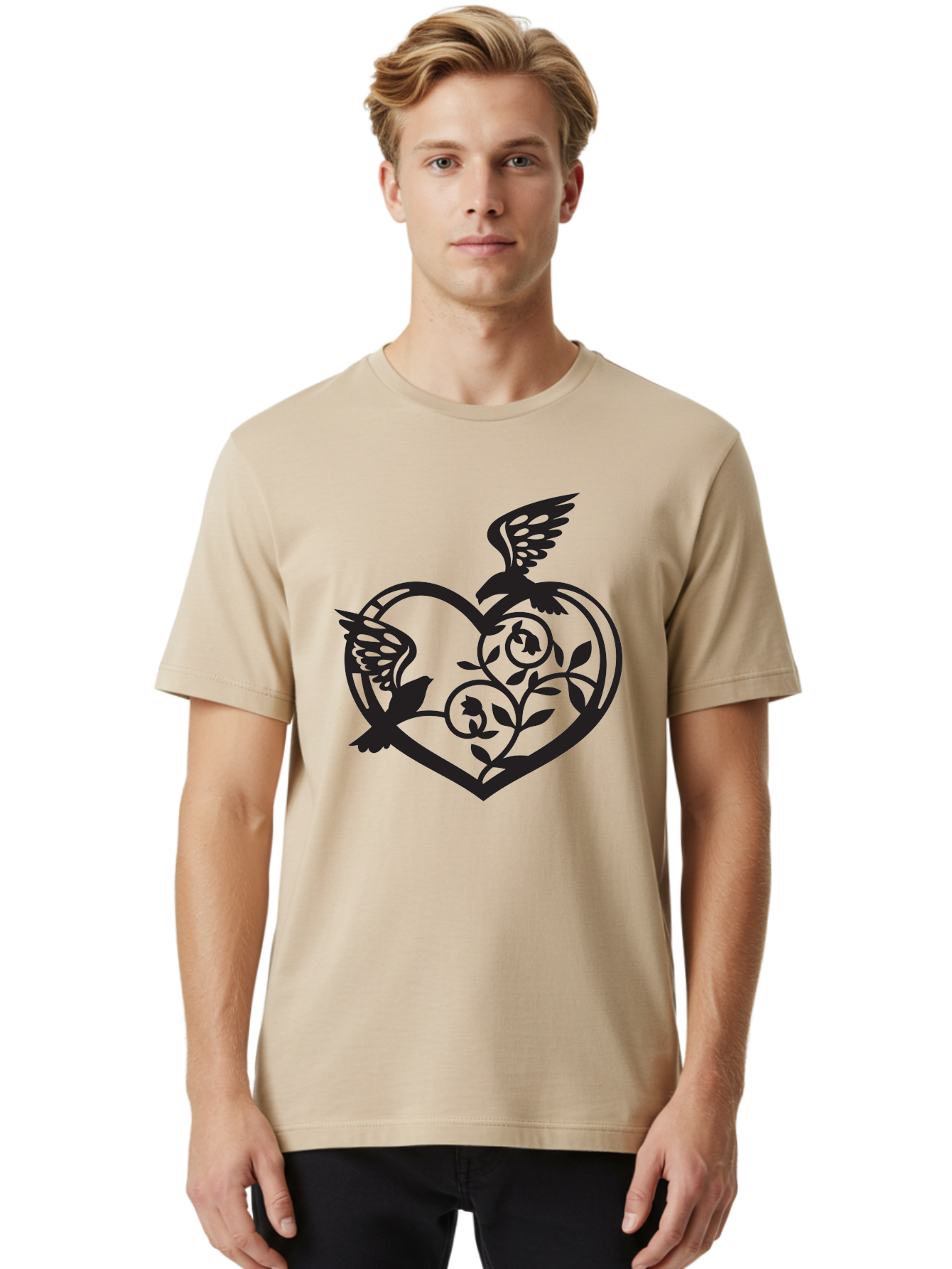 Birds-Heart Men'S Graphic Tee, 100% Cotton, Comfortable Casual Summer Wear, Machine Washable, Two Birds, Flying Birds, Heart Shape, Floral Design, Leafy Patterns, Love Symbol, Romantic Imagery, Bird Silhouettes, Whimsical Art, Elegant Design Aab257