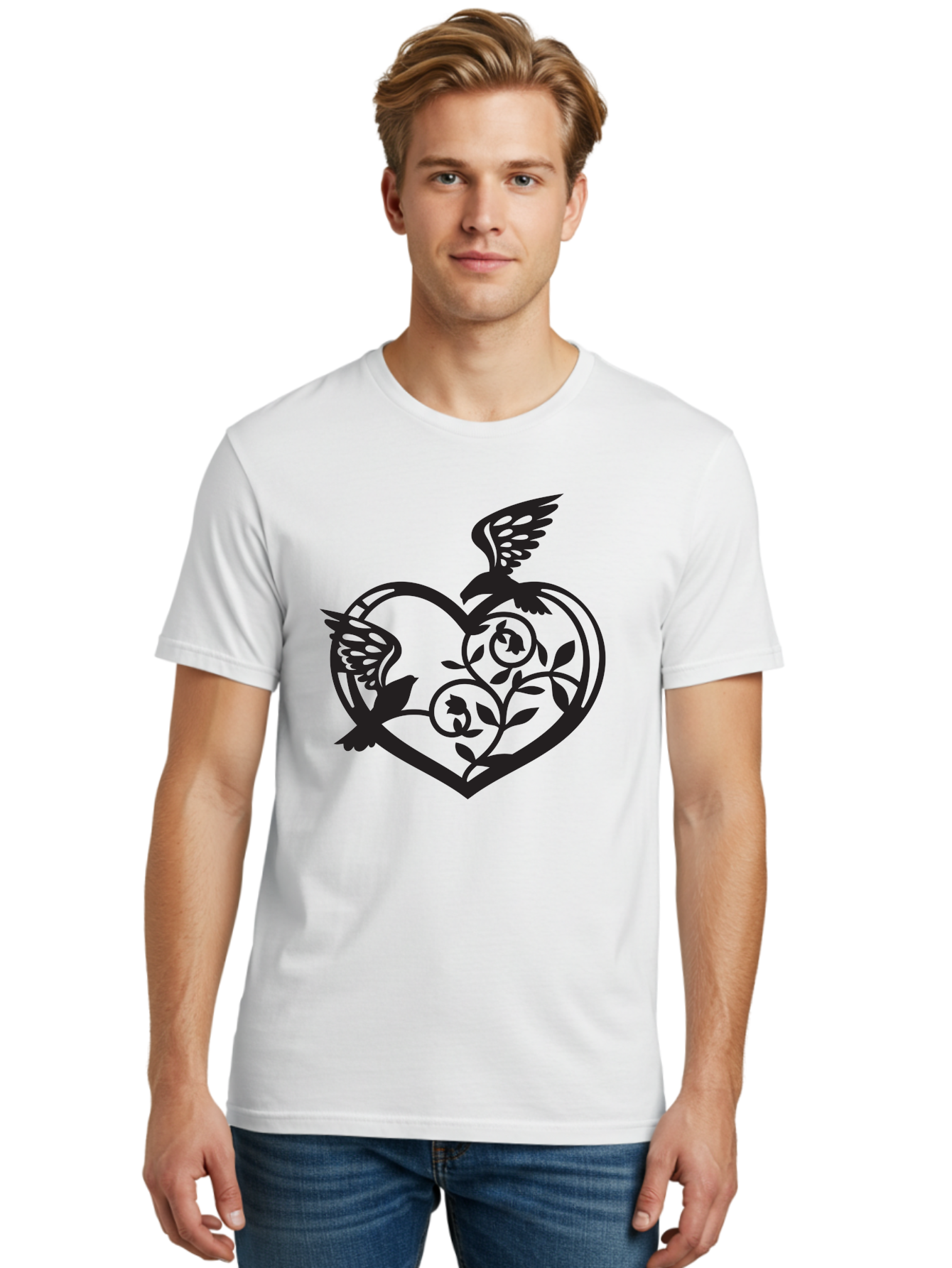 Birds-Heart Men'S Graphic Tee, 100% Cotton, Comfortable Casual Summer Wear, Machine Washable, Two Birds, Flying Birds, Heart Shape, Floral Design, Leafy Patterns, Love Symbol, Romantic Imagery, Bird Silhouettes, Whimsical Art, Elegant Design Aab257