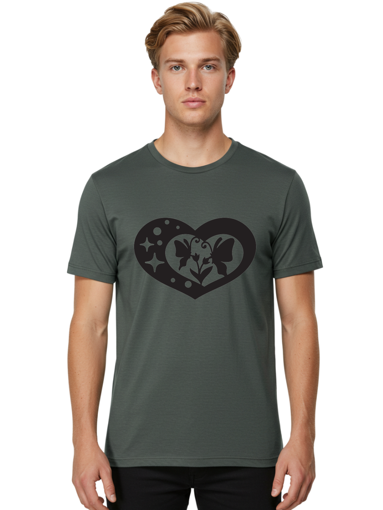 Butterfly-Heart Men'S Graphic Tee, 100% Cotton, Comfortable Casual Summer Wear, Machine Washable, Heart Shape, Butterfly Silhouette, Floral Design, Whimsical Graphics, Decorative Art, Symbolic Heart, Nature-Inspired, Mystical Charm, Aab259