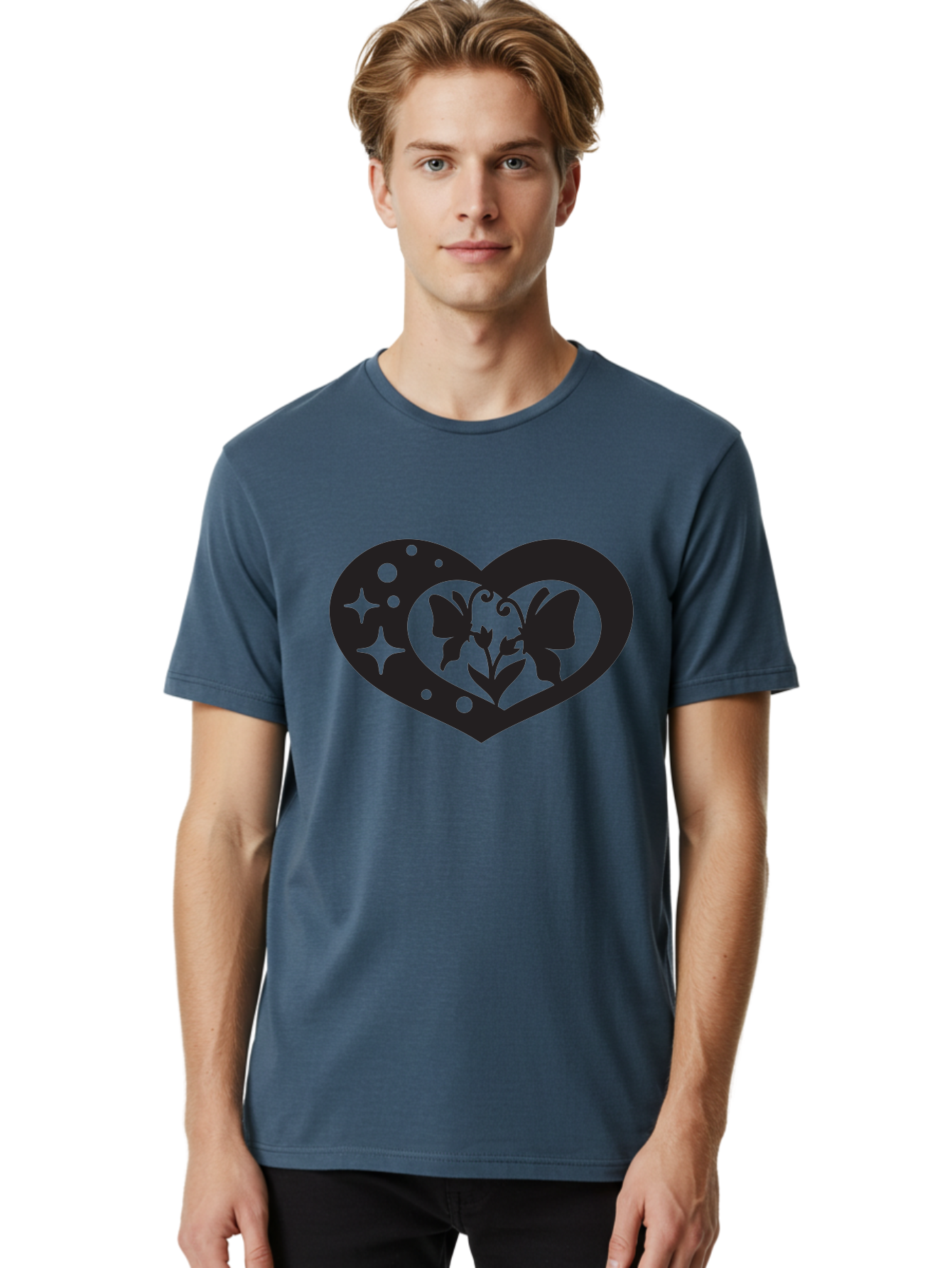 Butterfly-Heart Men'S Graphic Tee, 100% Cotton, Comfortable Casual Summer Wear, Machine Washable, Heart Shape, Butterfly Silhouette, Floral Design, Whimsical Graphics, Decorative Art, Symbolic Heart, Nature-Inspired, Mystical Charm, Aab259