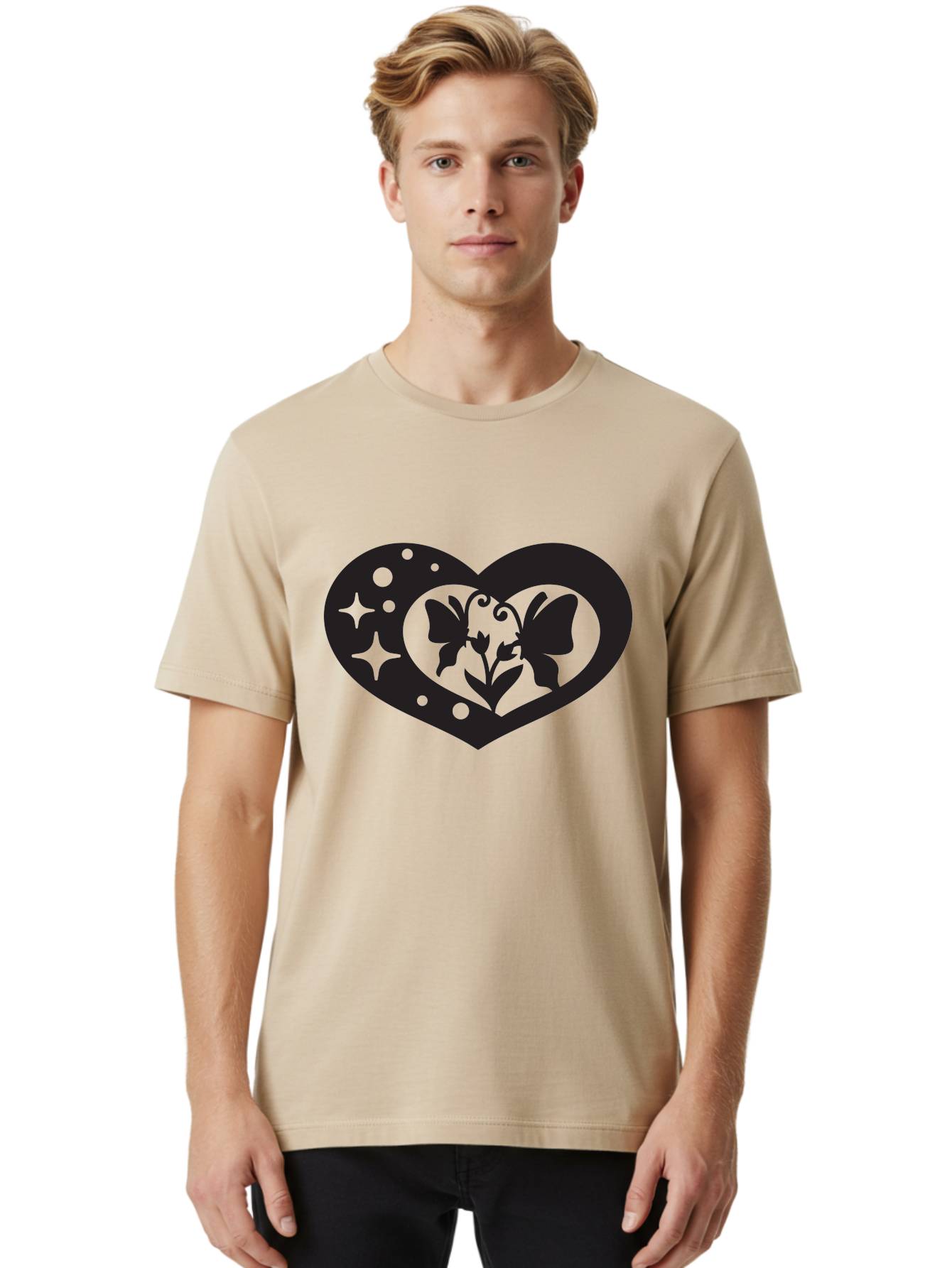Butterfly-Heart Men'S Graphic Tee, 100% Cotton, Comfortable Casual Summer Wear, Machine Washable, Heart Shape, Butterfly Silhouette, Floral Design, Whimsical Graphics, Decorative Art, Symbolic Heart, Nature-Inspired, Mystical Charm, Aab259