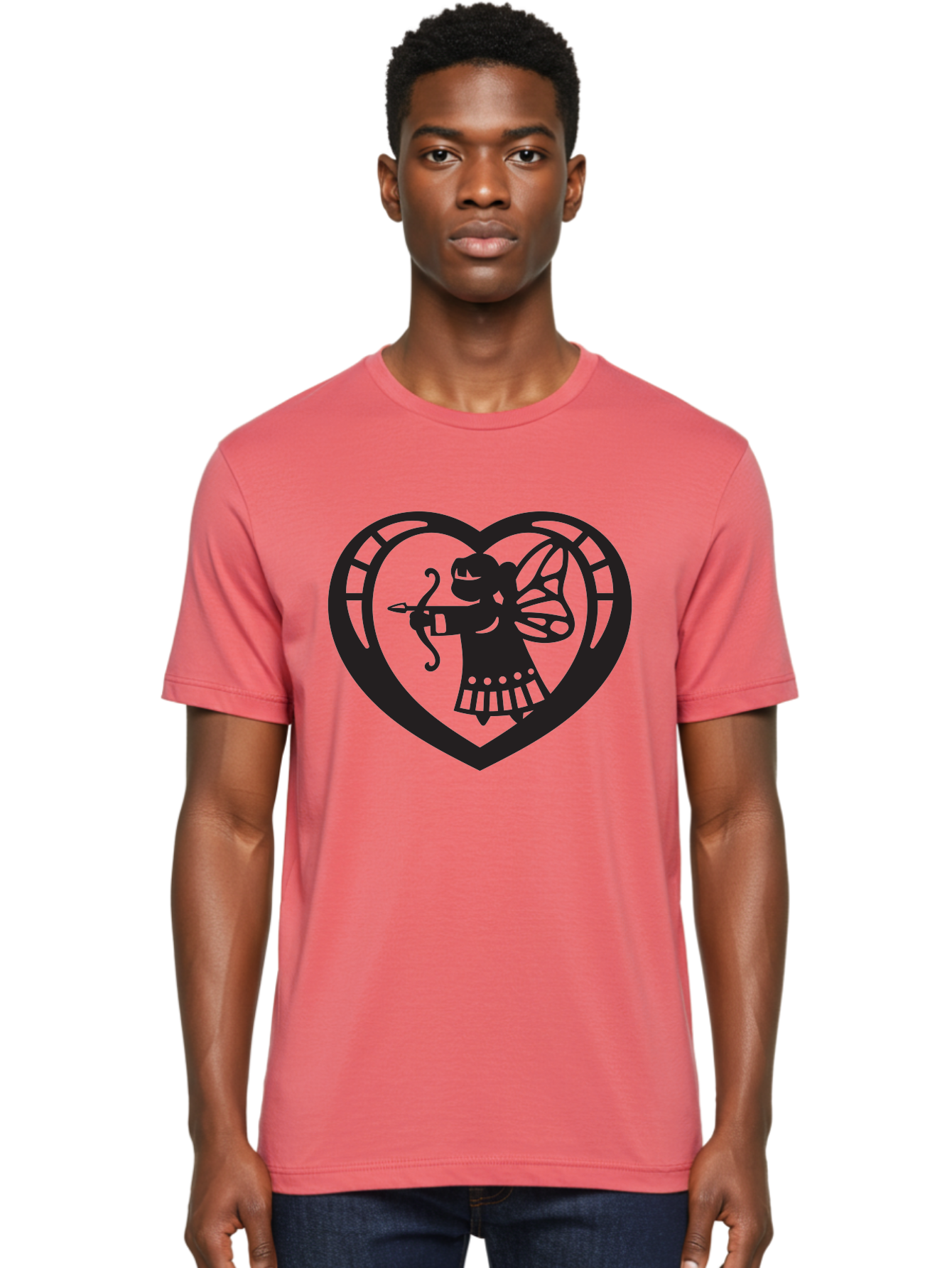 Cupid-1 Men'S Graphic Tee, 100% Cotton, Comfortable Casual Summer Wear, Machine Washable, Cupid Silhouette, Cupid With Bow And Arrow, Heart Shape, Valentines Day Symbol, Love Icon, Cherub Figure, Winged Character, Romantic Emblem, Aab261