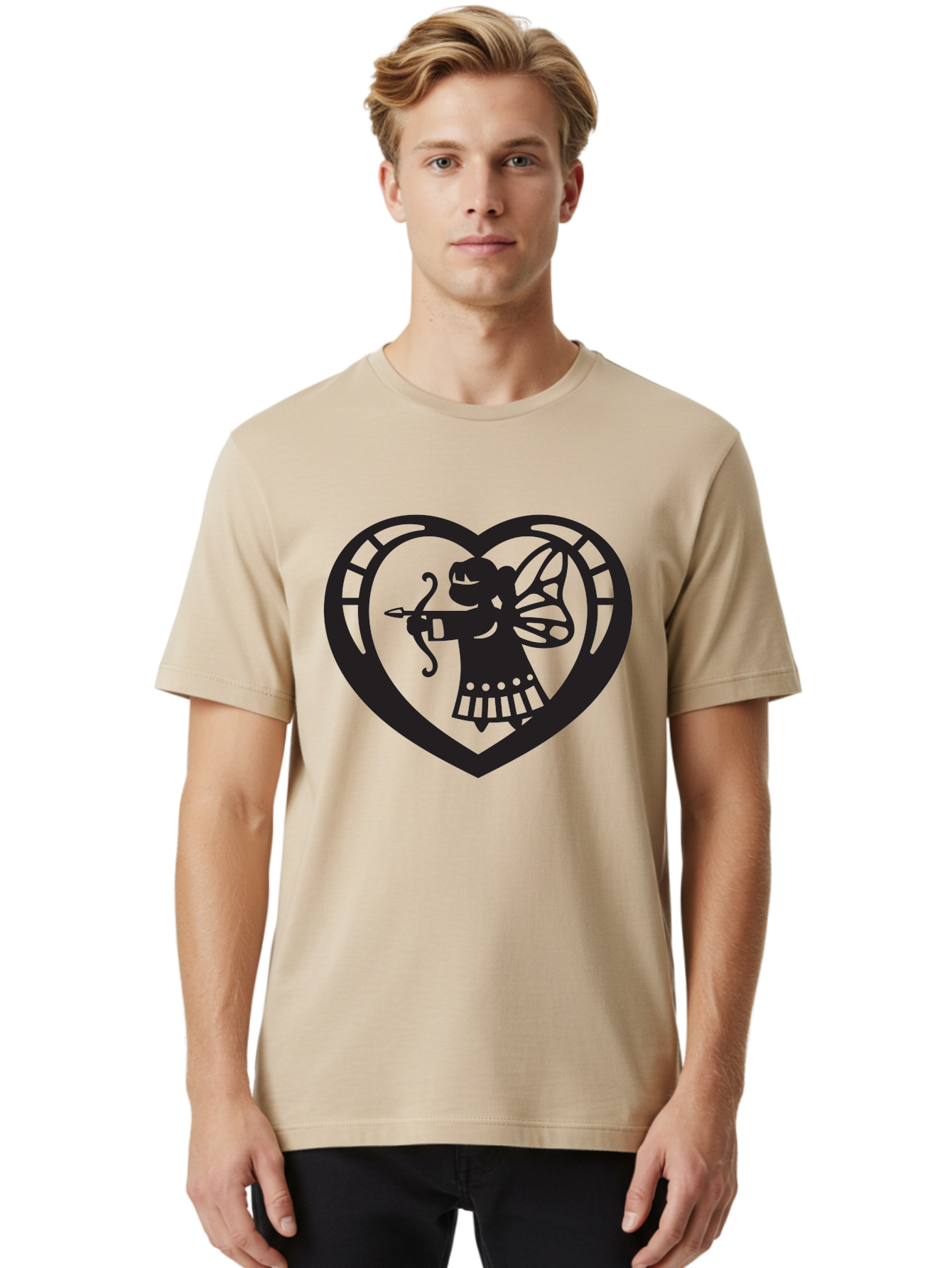 Cupid-1 Men'S Graphic Tee, 100% Cotton, Comfortable Casual Summer Wear, Machine Washable, Cupid Silhouette, Cupid With Bow And Arrow, Heart Shape, Valentines Day Symbol, Love Icon, Cherub Figure, Winged Character, Romantic Emblem, Aab261