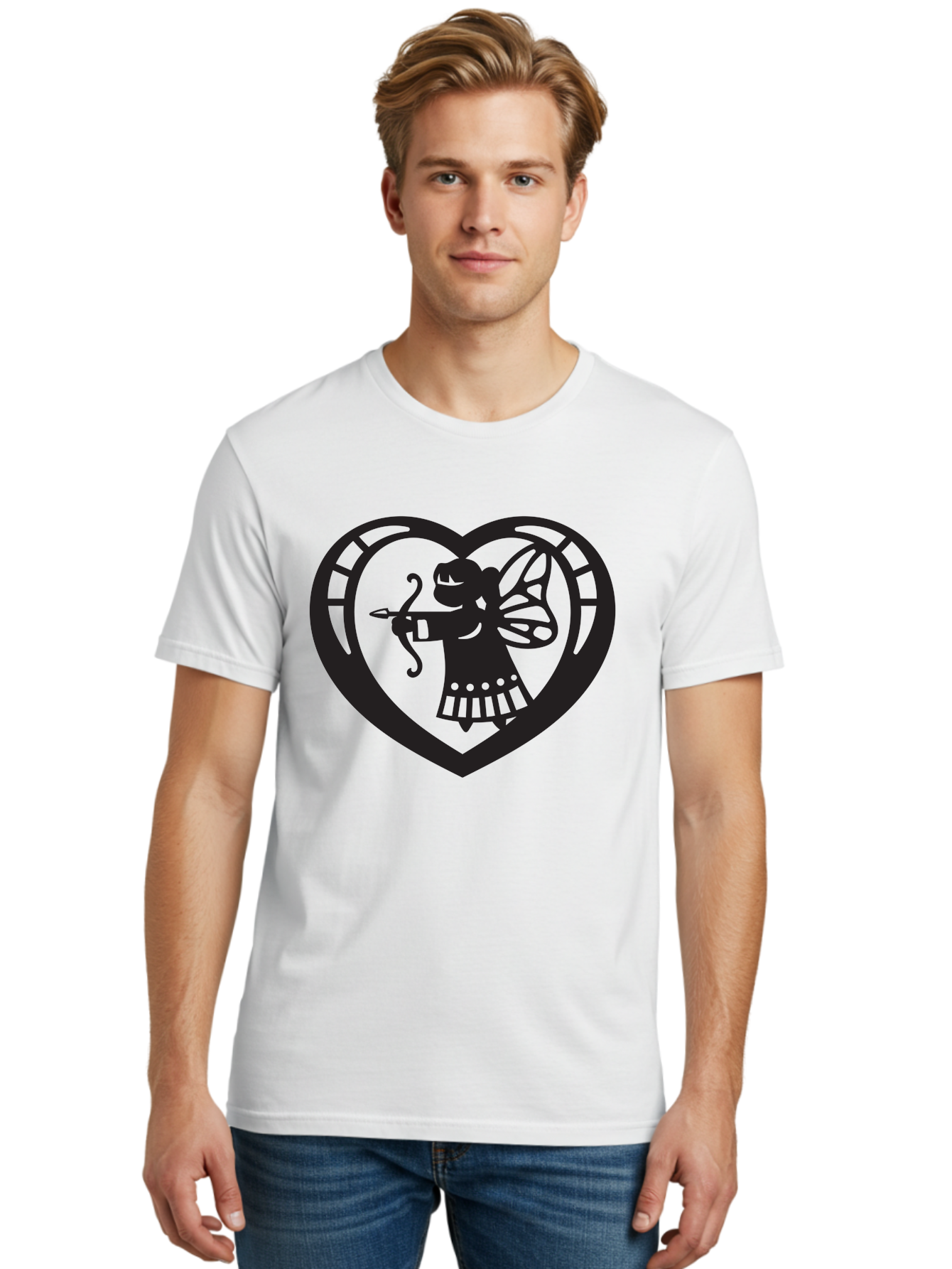 Cupid-1 Men'S Graphic Tee, 100% Cotton, Comfortable Casual Summer Wear, Machine Washable, Cupid Silhouette, Cupid With Bow And Arrow, Heart Shape, Valentines Day Symbol, Love Icon, Cherub Figure, Winged Character, Romantic Emblem, Aab261