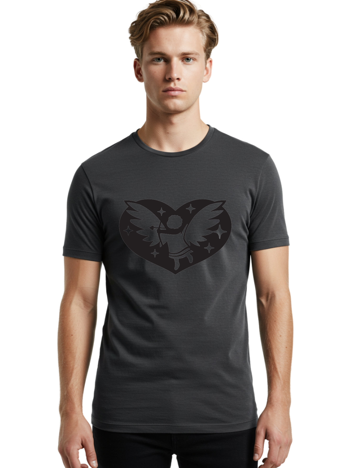 Cupid-Heart Men'S Graphic Tee, 100% Cotton, Comfortable Casual Summer Wear, Machine Washable, Cupid With Bow And Arrow, Heart Shape, Winged Cherub, Love Symbol, Valentines Day, Romance, Stars, Mythological Figure, Love Heart Aab262