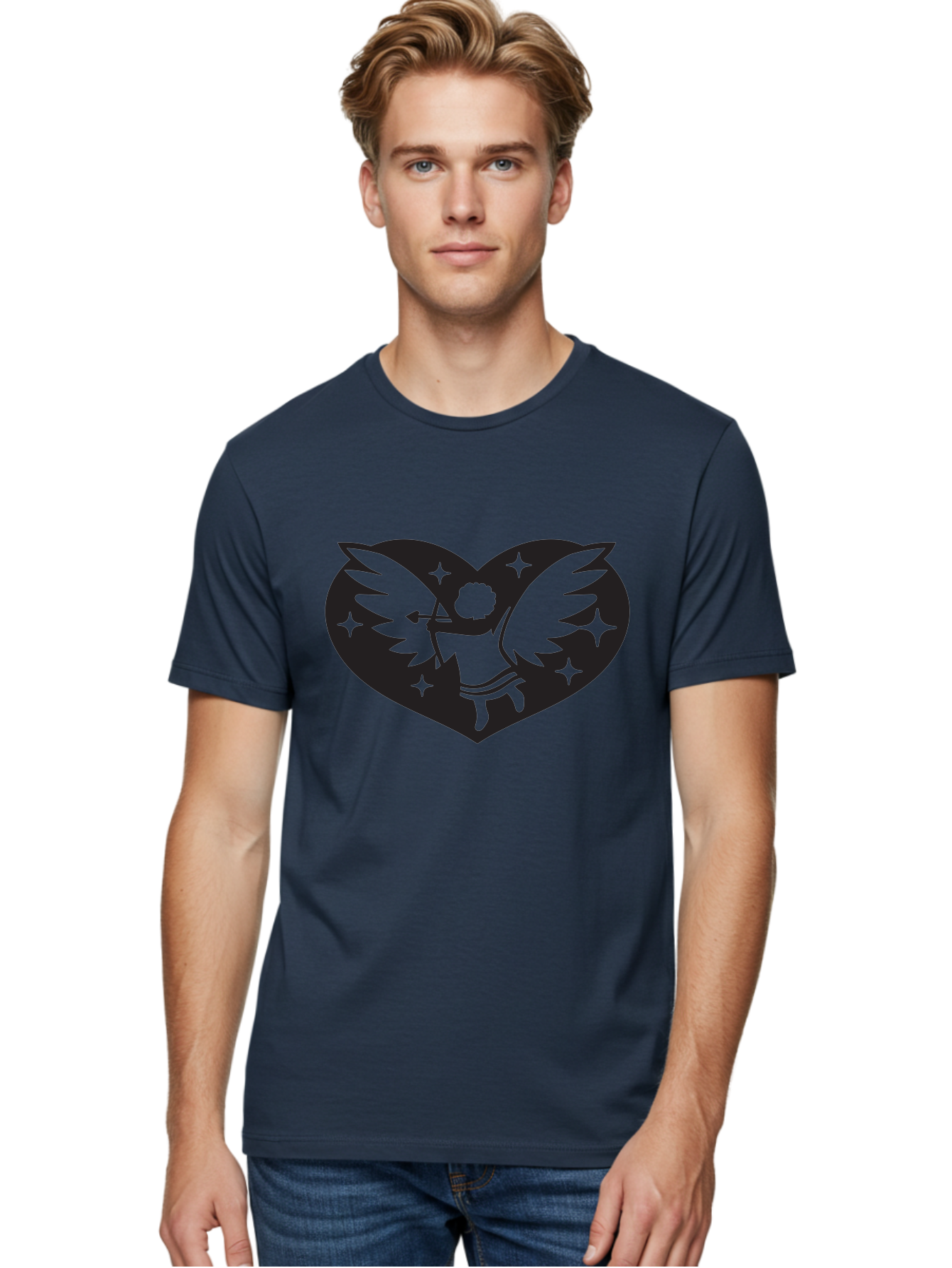 Cupid-Heart Men'S Graphic Tee, 100% Cotton, Comfortable Casual Summer Wear, Machine Washable, Cupid With Bow And Arrow, Heart Shape, Winged Cherub, Love Symbol, Valentines Day, Romance, Stars, Mythological Figure, Love Heart Aab262