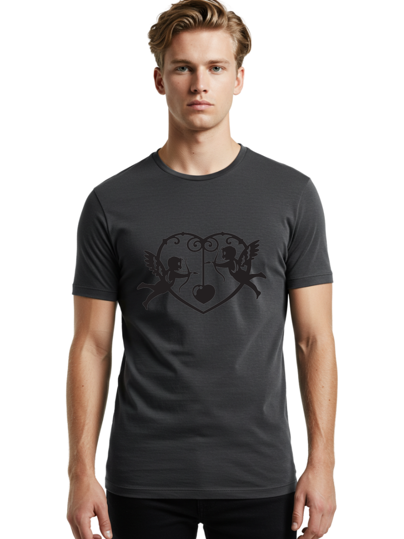 Cupid-Shooting-Arrow-At-Heart Men'S Graphic Tee, 100% Cotton, Comfortable Casual Summer Wear, Machine Washable, Cupid Shooting Arrows, Love Heart, Symbol Of Love, Romantic Icon, Valentine'S Day Theme, Cherub With Bow And Arrow, Aab263