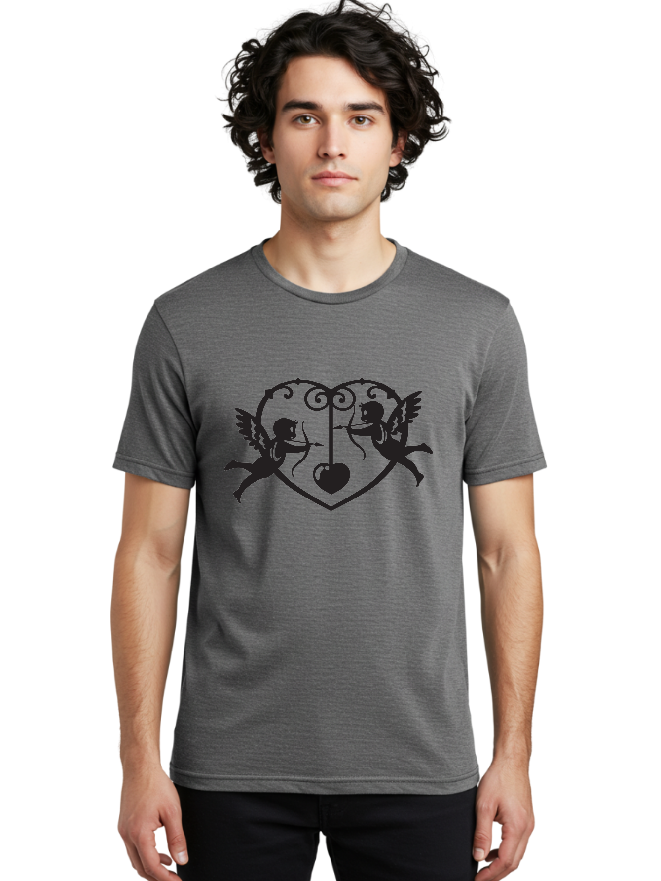 Cupid-Shooting-Arrow-At-Heart Men'S Graphic Tee, 100% Cotton, Comfortable Casual Summer Wear, Machine Washable, Cupid Shooting Arrows, Love Heart, Symbol Of Love, Romantic Icon, Valentine'S Day Theme, Cherub With Bow And Arrow, Aab263