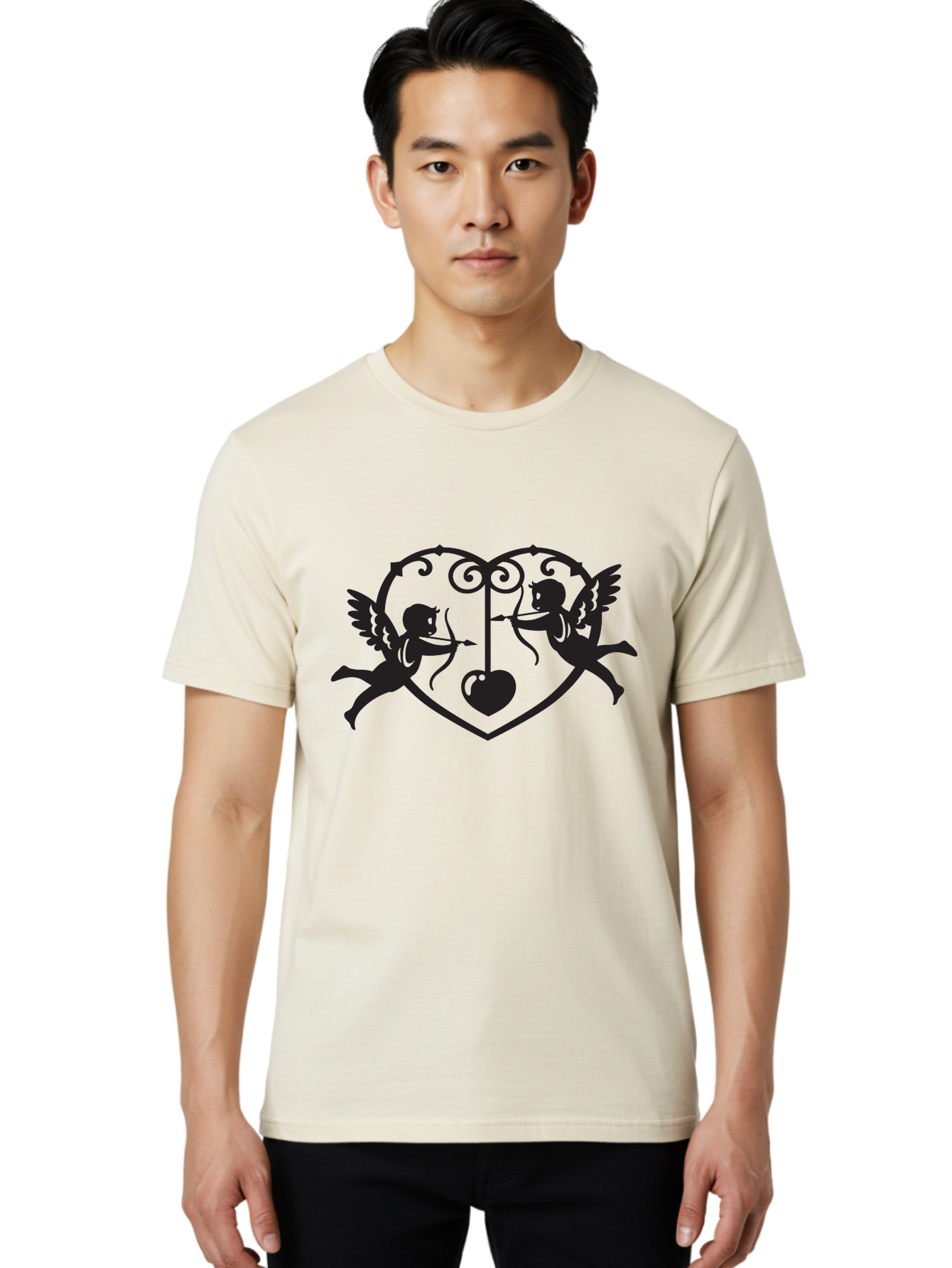 Cupid-Shooting-Arrow-At-Heart Men'S Graphic Tee, 100% Cotton, Comfortable Casual Summer Wear, Machine Washable, Cupid Shooting Arrows, Love Heart, Symbol Of Love, Romantic Icon, Valentine'S Day Theme, Cherub With Bow And Arrow, Aab263