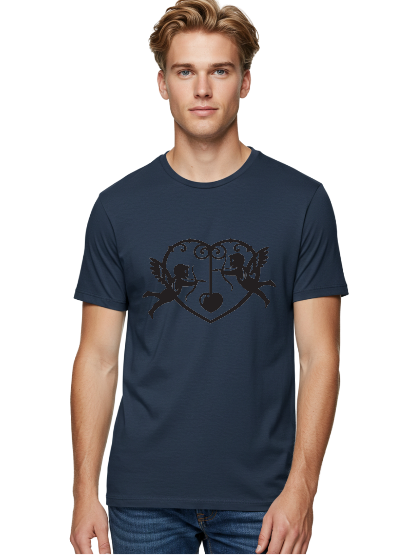 Cupid-Shooting-Arrow-At-Heart Men'S Graphic Tee, 100% Cotton, Comfortable Casual Summer Wear, Machine Washable, Cupid Shooting Arrows, Love Heart, Symbol Of Love, Romantic Icon, Valentine'S Day Theme, Cherub With Bow And Arrow, Aab263