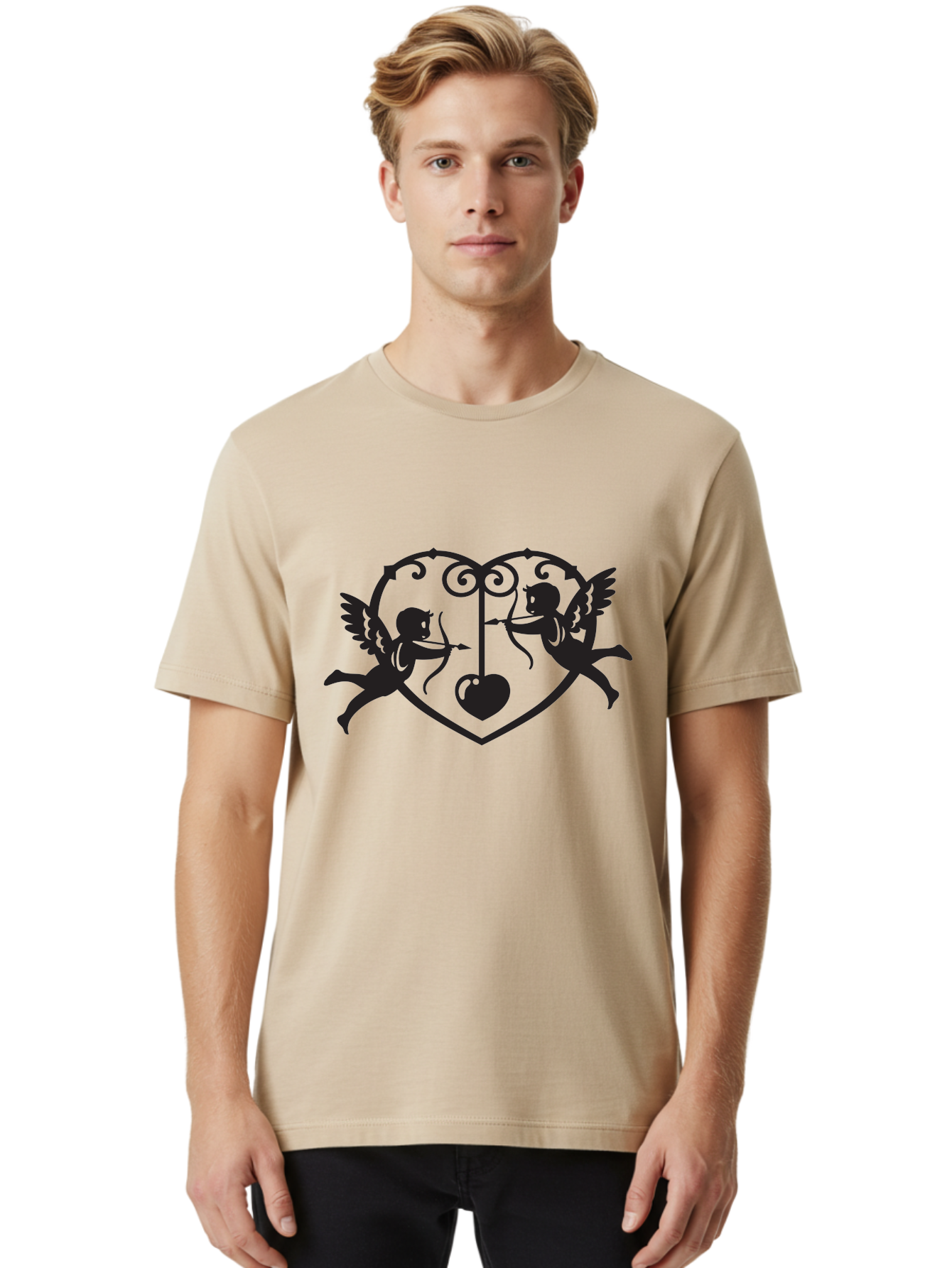 Cupid-Shooting-Arrow-At-Heart Men'S Graphic Tee, 100% Cotton, Comfortable Casual Summer Wear, Machine Washable, Cupid Shooting Arrows, Love Heart, Symbol Of Love, Romantic Icon, Valentine'S Day Theme, Cherub With Bow And Arrow, Aab263