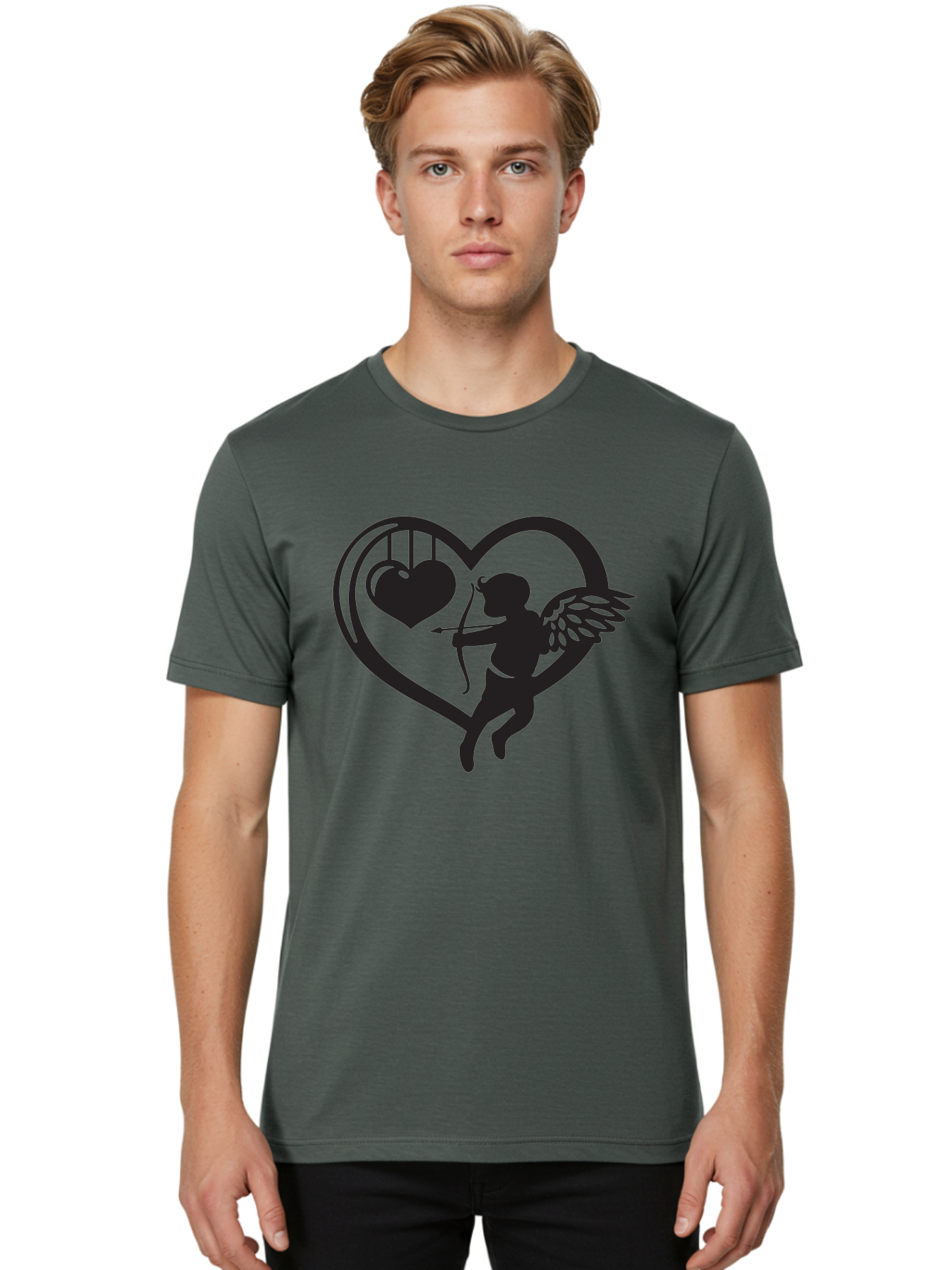 Cupid-With-Bow-And-Arrow Men'S Graphic Tee, 100% Cotton, Comfortable Casual Summer Wear, Machine Washable, Cupid Shooting Arrow, Heart Shape, Love Symbol, Romantic Gesture, Arrow And Heart, Valentine'S Day Icon, Cherub With Bow Aab264