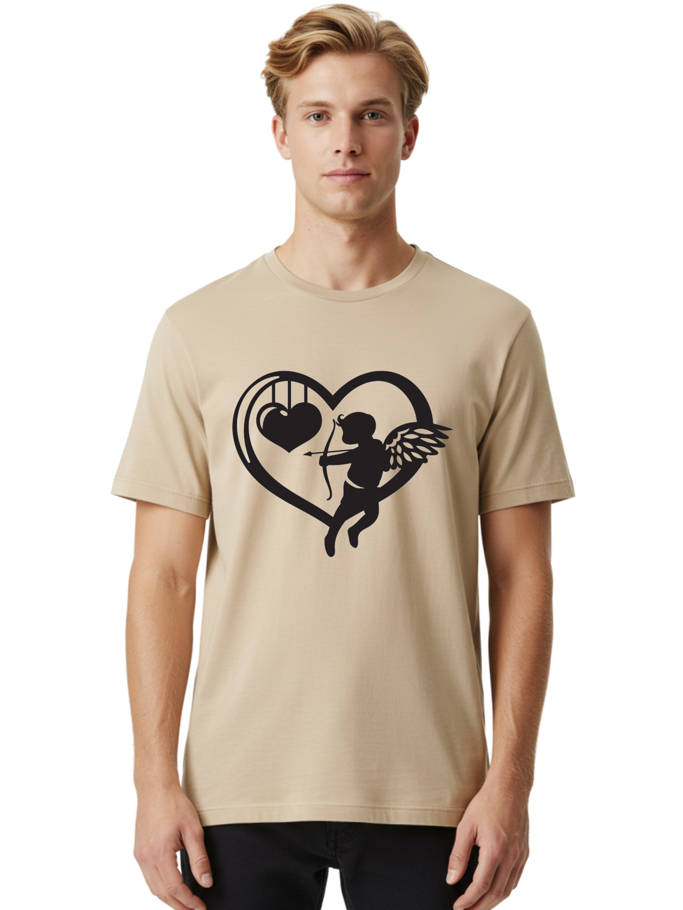 Cupid-With-Bow-And-Arrow Men'S Graphic Tee, 100% Cotton, Comfortable Casual Summer Wear, Machine Washable, Cupid Shooting Arrow, Heart Shape, Love Symbol, Romantic Gesture, Arrow And Heart, Valentine'S Day Icon, Cherub With Bow Aab264