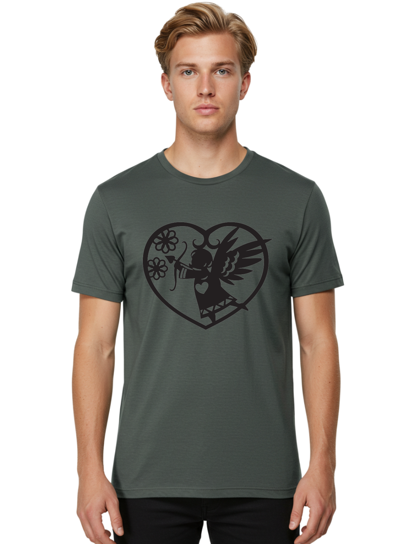 Cupid-With-Flowers Men'S Graphic Tee, 100% Cotton, Comfortable Casual Summer Wear, Machine Washable, Cupid With Bow And Arrow, Love Symbol, Valentines Day Icon, Heart Shaped Frame, Floral Elements, Romance And Love, Cherub With Wings Aab265