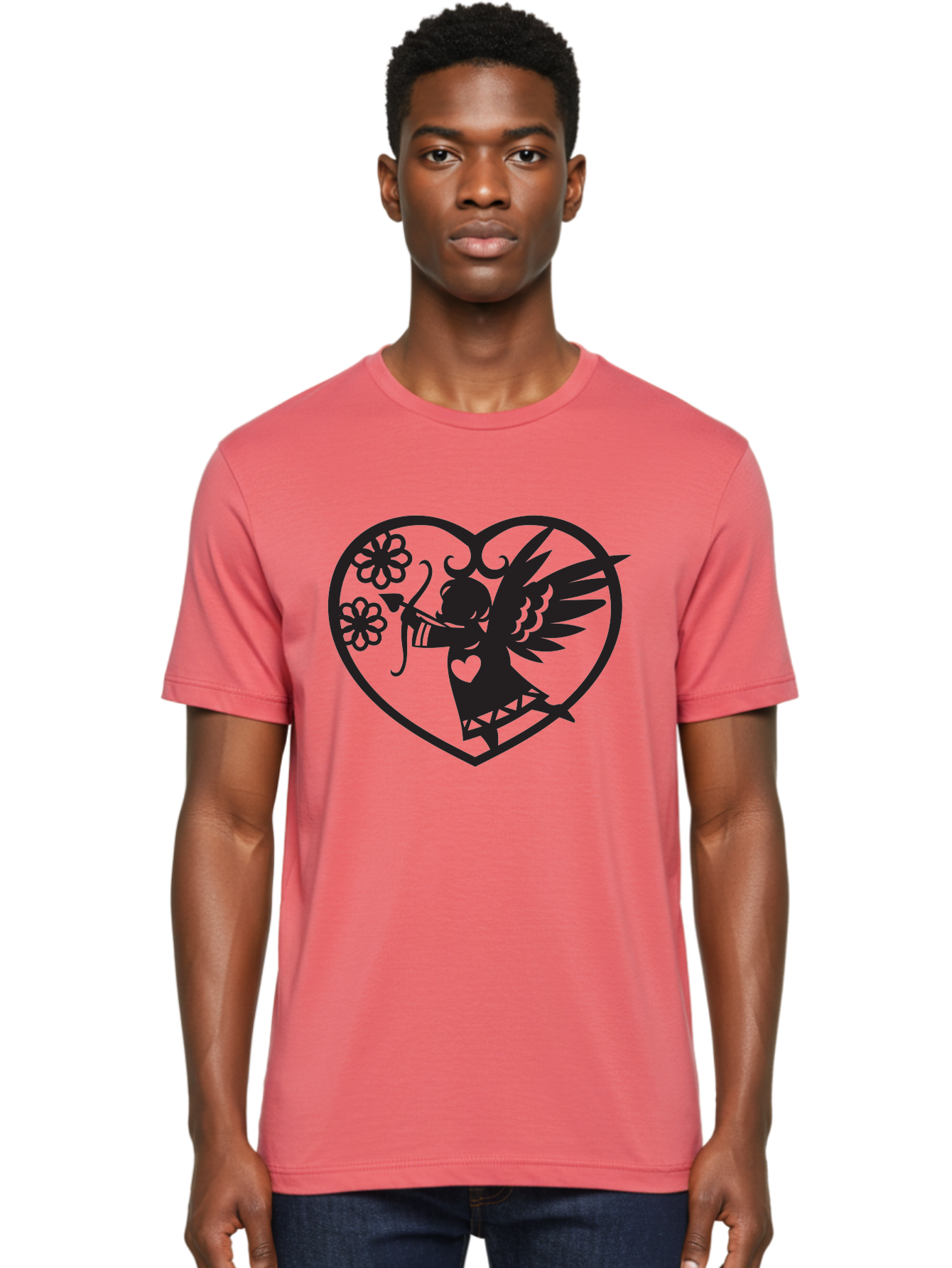 Cupid-With-Flowers Men'S Graphic Tee, 100% Cotton, Comfortable Casual Summer Wear, Machine Washable, Cupid With Bow And Arrow, Love Symbol, Valentines Day Icon, Heart Shaped Frame, Floral Elements, Romance And Love, Cherub With Wings Aab265