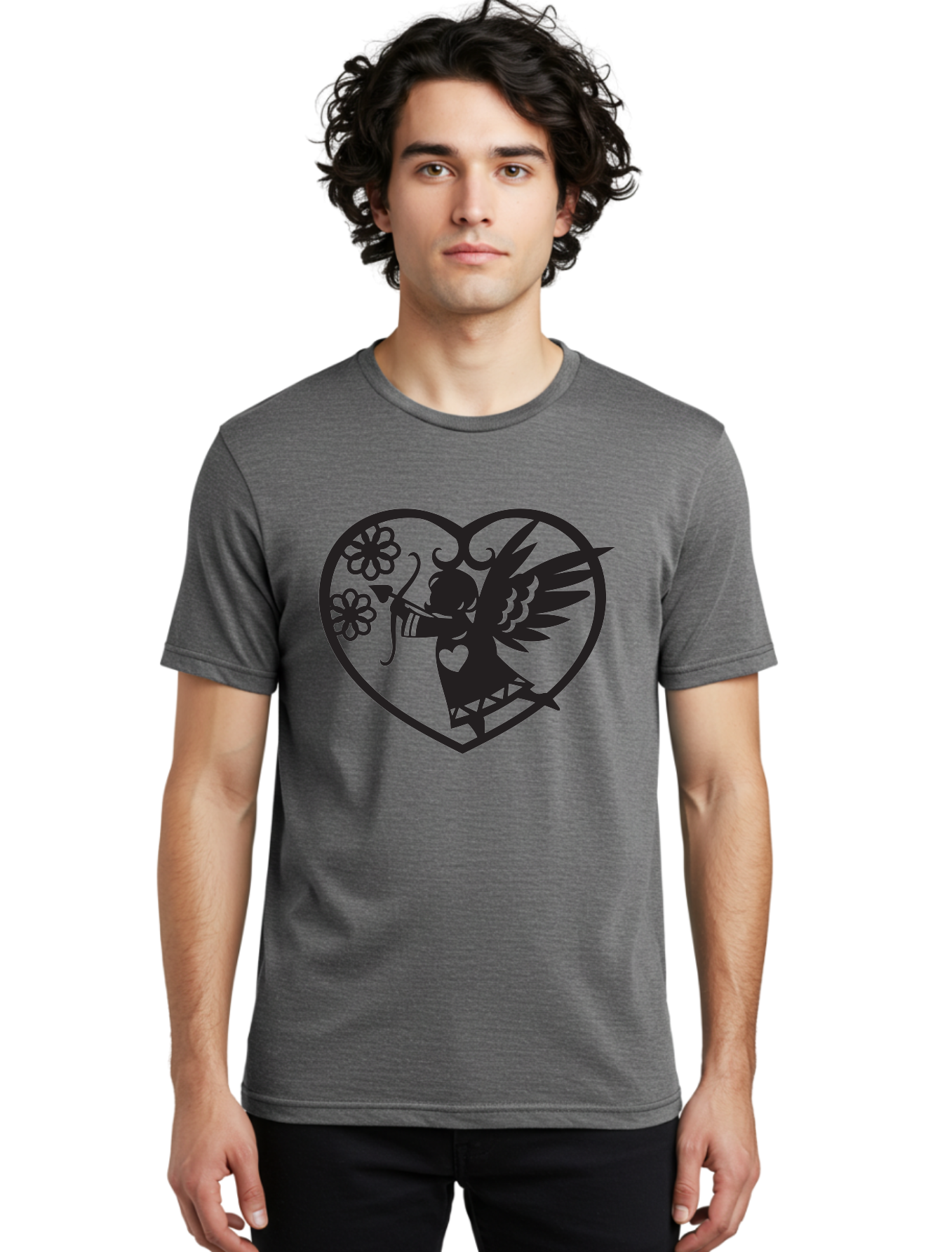 Cupid-With-Flowers Men'S Graphic Tee, 100% Cotton, Comfortable Casual Summer Wear, Machine Washable, Cupid With Bow And Arrow, Love Symbol, Valentines Day Icon, Heart Shaped Frame, Floral Elements, Romance And Love, Cherub With Wings Aab265