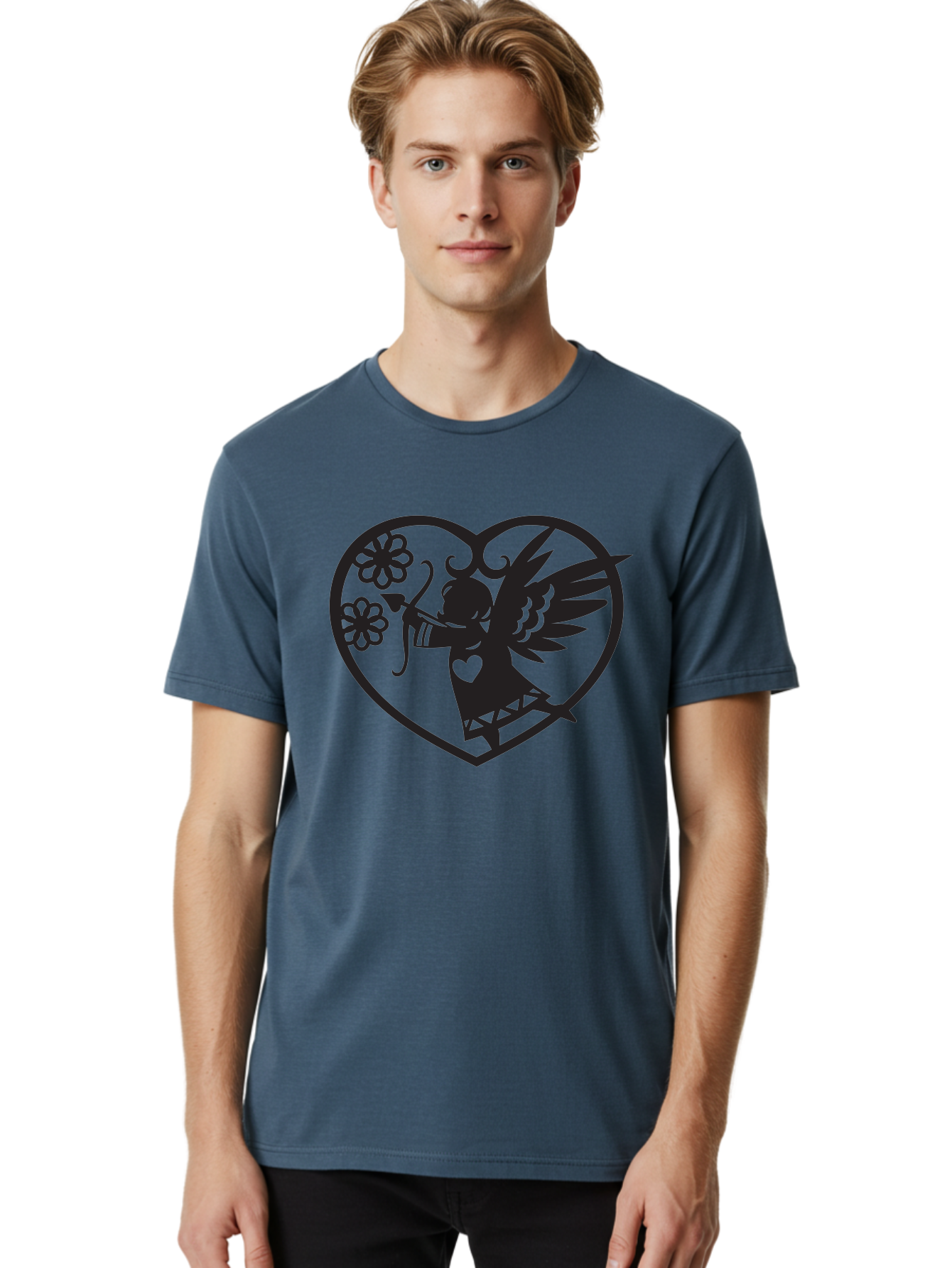 Cupid-With-Flowers Men'S Graphic Tee, 100% Cotton, Comfortable Casual Summer Wear, Machine Washable, Cupid With Bow And Arrow, Love Symbol, Valentines Day Icon, Heart Shaped Frame, Floral Elements, Romance And Love, Cherub With Wings Aab265