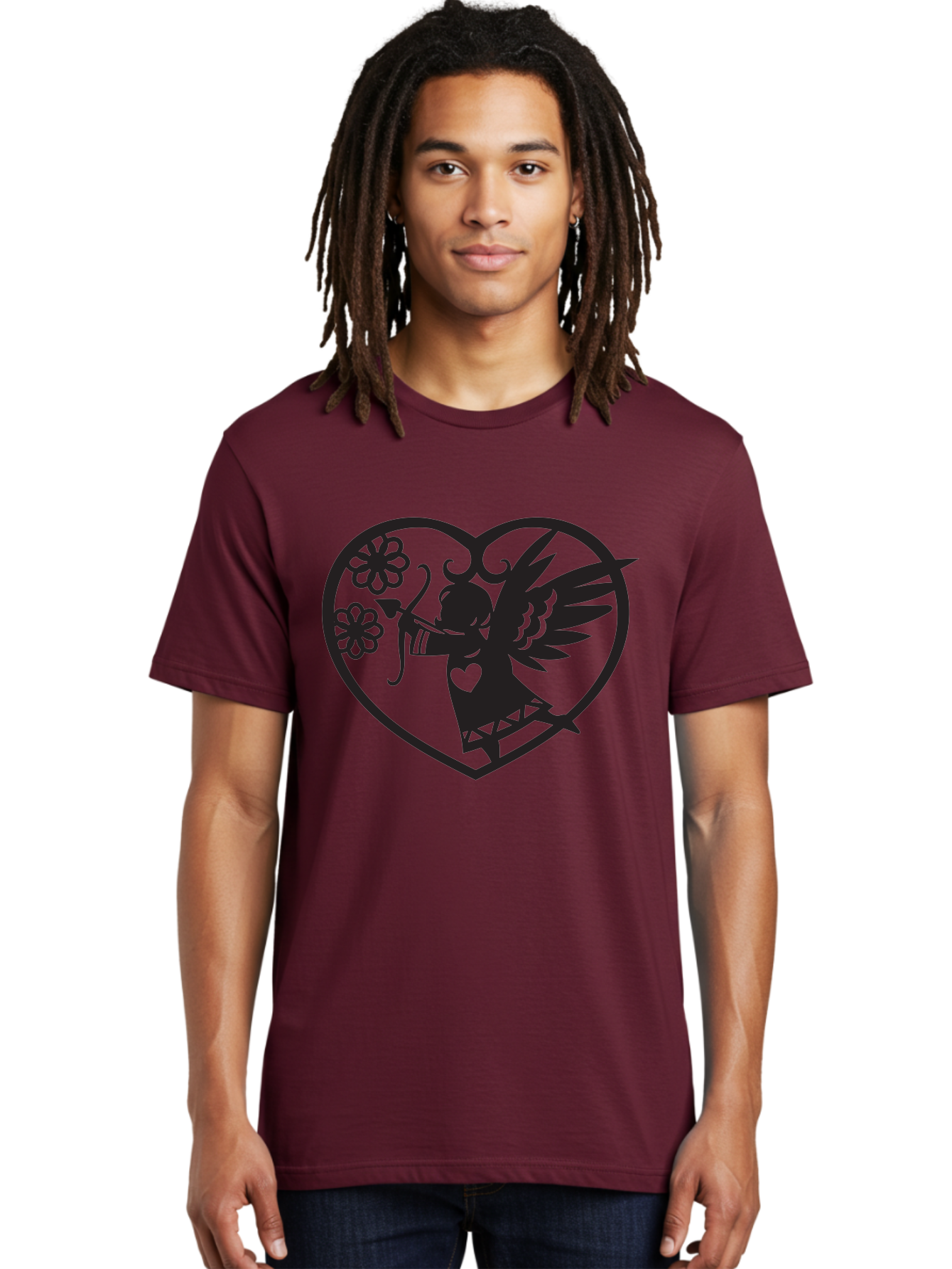 Cupid-With-Flowers Men'S Graphic Tee, 100% Cotton, Comfortable Casual Summer Wear, Machine Washable, Cupid With Bow And Arrow, Love Symbol, Valentines Day Icon, Heart Shaped Frame, Floral Elements, Romance And Love, Cherub With Wings Aab265