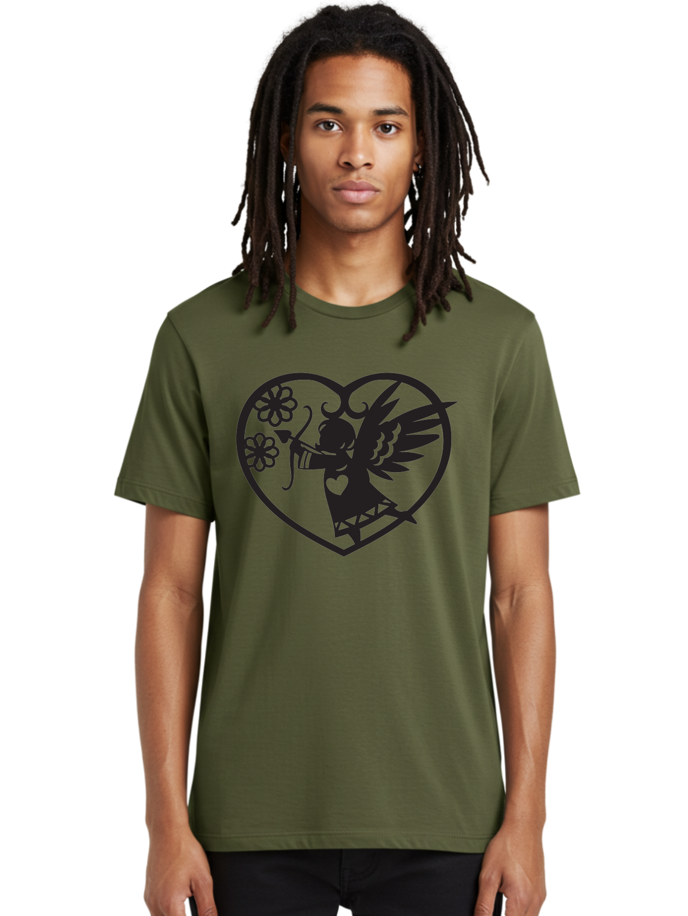 Cupid-With-Flowers Men'S Graphic Tee, 100% Cotton, Comfortable Casual Summer Wear, Machine Washable, Cupid With Bow And Arrow, Love Symbol, Valentines Day Icon, Heart Shaped Frame, Floral Elements, Romance And Love, Cherub With Wings Aab265