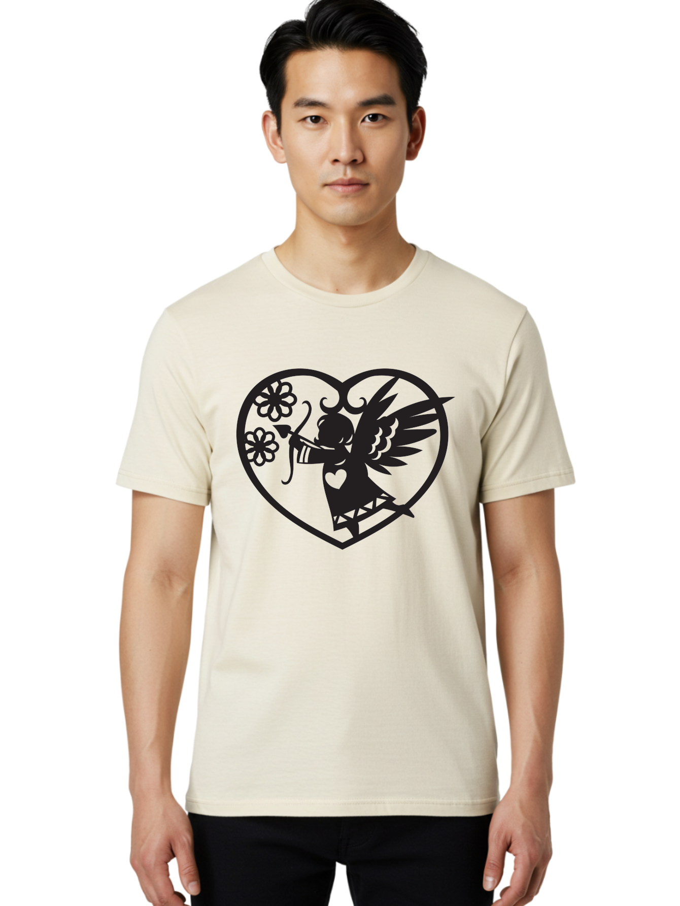 Cupid-With-Flowers Men'S Graphic Tee, 100% Cotton, Comfortable Casual Summer Wear, Machine Washable, Cupid With Bow And Arrow, Love Symbol, Valentines Day Icon, Heart Shaped Frame, Floral Elements, Romance And Love, Cherub With Wings Aab265