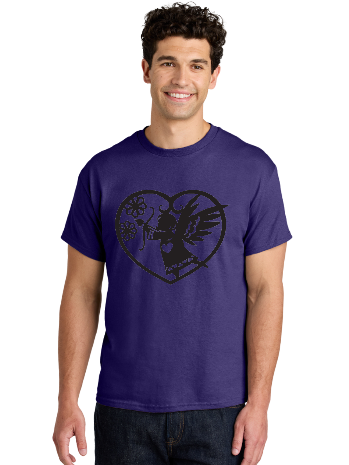 Cupid-With-Flowers Men'S Graphic Tee, 100% Cotton, Comfortable Casual Summer Wear, Machine Washable, Cupid With Bow And Arrow, Love Symbol, Valentines Day Icon, Heart Shaped Frame, Floral Elements, Romance And Love, Cherub With Wings Aab265