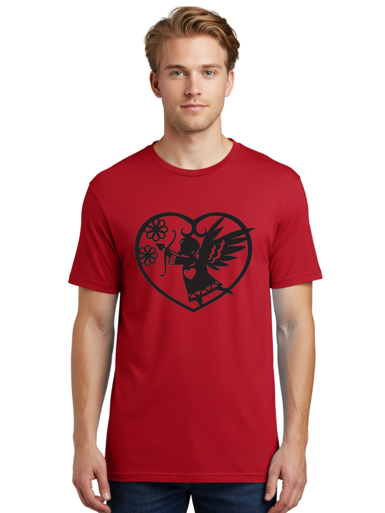 Cupid-With-Flowers Men'S Graphic Tee, 100% Cotton, Comfortable Casual Summer Wear, Machine Washable, Cupid With Bow And Arrow, Love Symbol, Valentines Day Icon, Heart Shaped Frame, Floral Elements, Romance And Love, Cherub With Wings Aab265