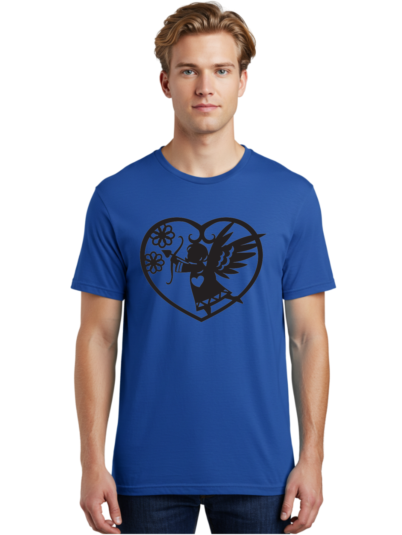 Cupid-With-Flowers Men'S Graphic Tee, 100% Cotton, Comfortable Casual Summer Wear, Machine Washable, Cupid With Bow And Arrow, Love Symbol, Valentines Day Icon, Heart Shaped Frame, Floral Elements, Romance And Love, Cherub With Wings Aab265