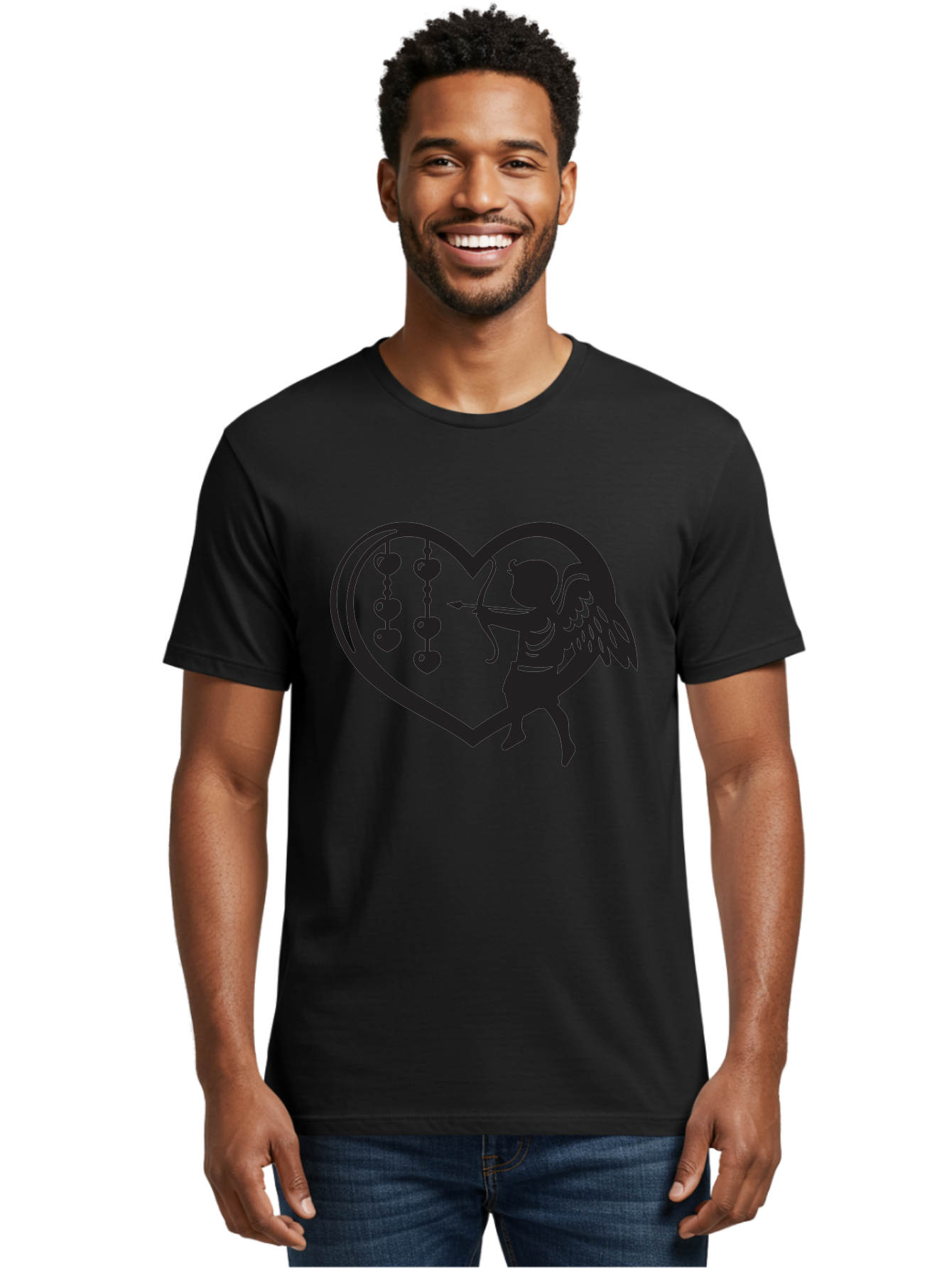 Cupid-With-Heart-Shaped-Necklace Men'S Graphic Tee, 100% Cotton, Comfortable Casual Summer Wear, Machine Washable, Cupid Shooting Arrow, Heart-Shaped Frame, Love Symbol, Valentine'S Day Theme, Romantic Gesture, Heart Beads, Winged Cherub Aab266
