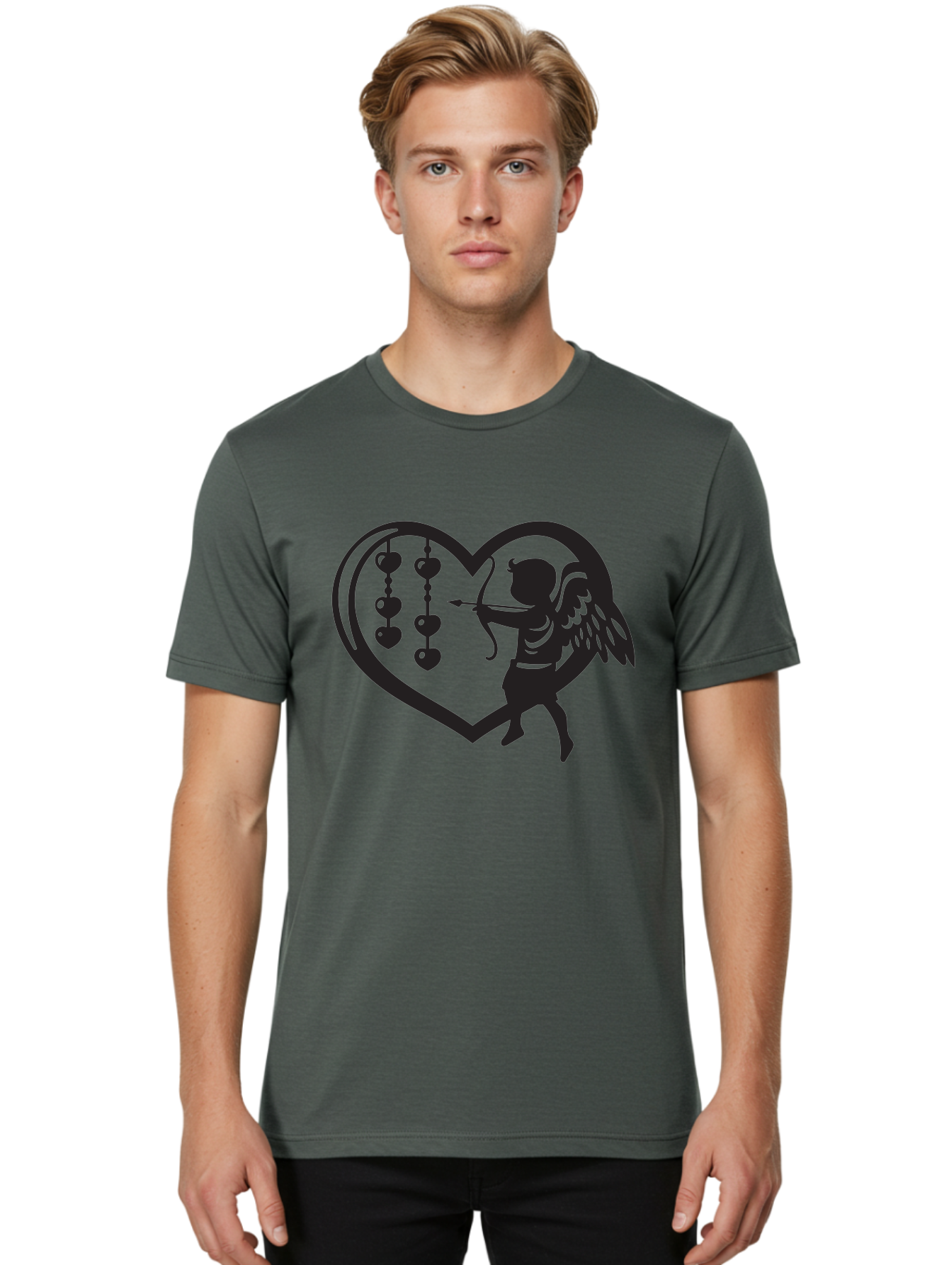 Cupid-With-Heart-Shaped-Necklace Men'S Graphic Tee, 100% Cotton, Comfortable Casual Summer Wear, Machine Washable, Cupid Shooting Arrow, Heart-Shaped Frame, Love Symbol, Valentine'S Day Theme, Romantic Gesture, Heart Beads, Winged Cherub Aab266