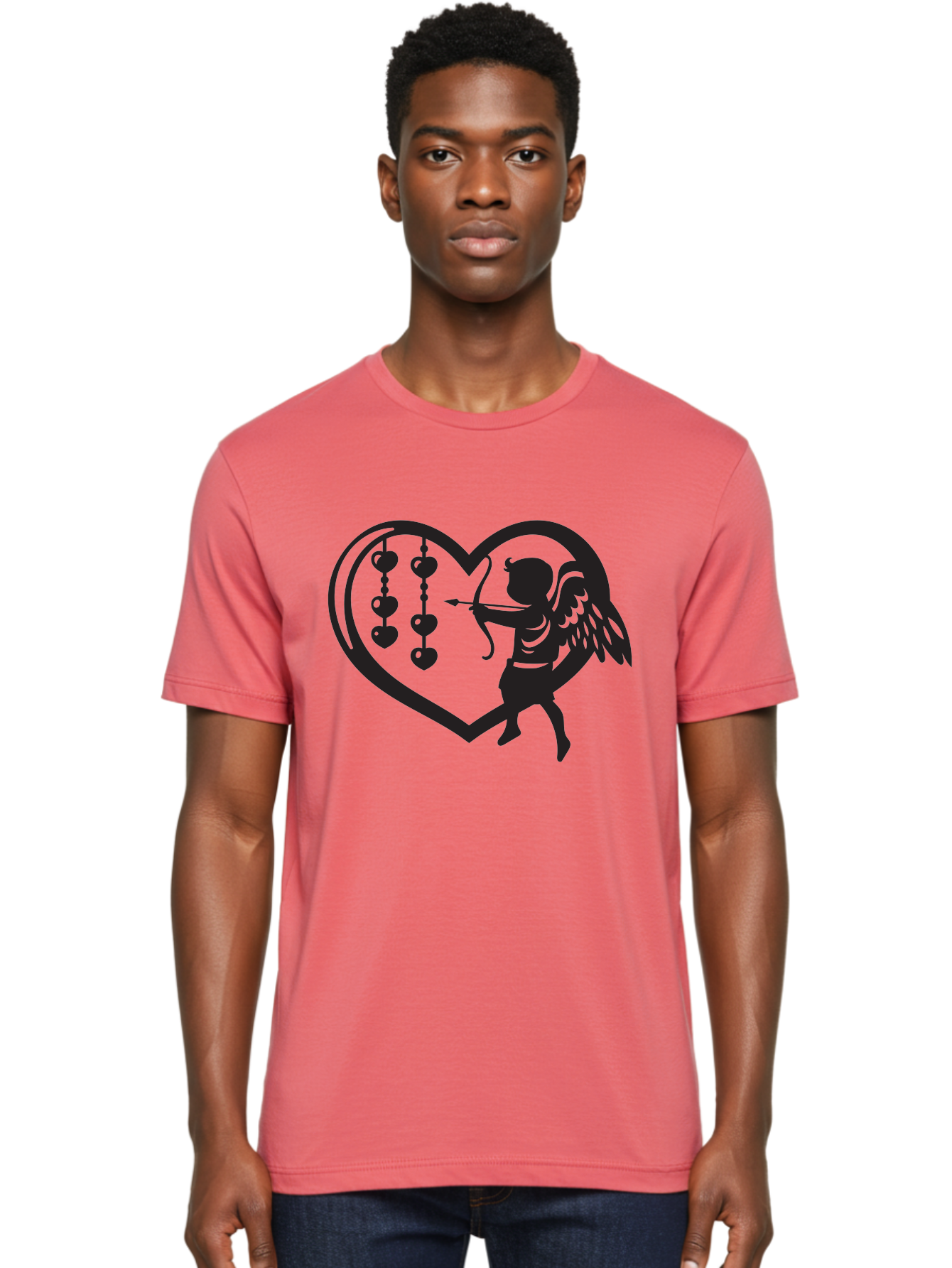 Cupid-With-Heart-Shaped-Necklace Men'S Graphic Tee, 100% Cotton, Comfortable Casual Summer Wear, Machine Washable, Cupid Shooting Arrow, Heart-Shaped Frame, Love Symbol, Valentine'S Day Theme, Romantic Gesture, Heart Beads, Winged Cherub Aab266