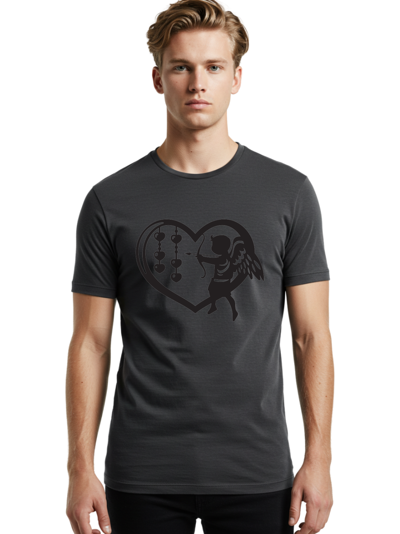 Cupid-With-Heart-Shaped-Necklace Men'S Graphic Tee, 100% Cotton, Comfortable Casual Summer Wear, Machine Washable, Cupid Shooting Arrow, Heart-Shaped Frame, Love Symbol, Valentine'S Day Theme, Romantic Gesture, Heart Beads, Winged Cherub Aab266