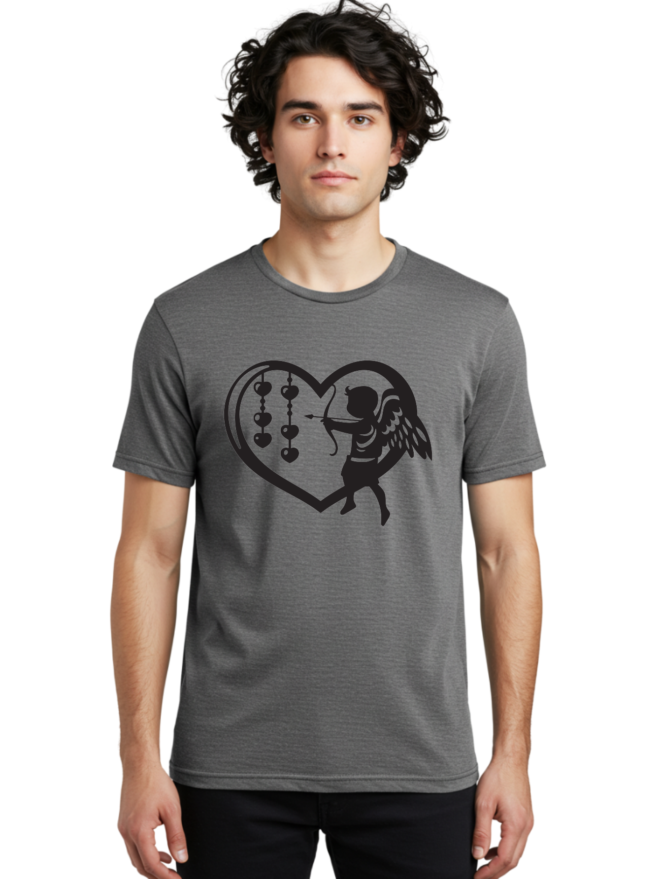 Cupid-With-Heart-Shaped-Necklace Men'S Graphic Tee, 100% Cotton, Comfortable Casual Summer Wear, Machine Washable, Cupid Shooting Arrow, Heart-Shaped Frame, Love Symbol, Valentine'S Day Theme, Romantic Gesture, Heart Beads, Winged Cherub Aab266