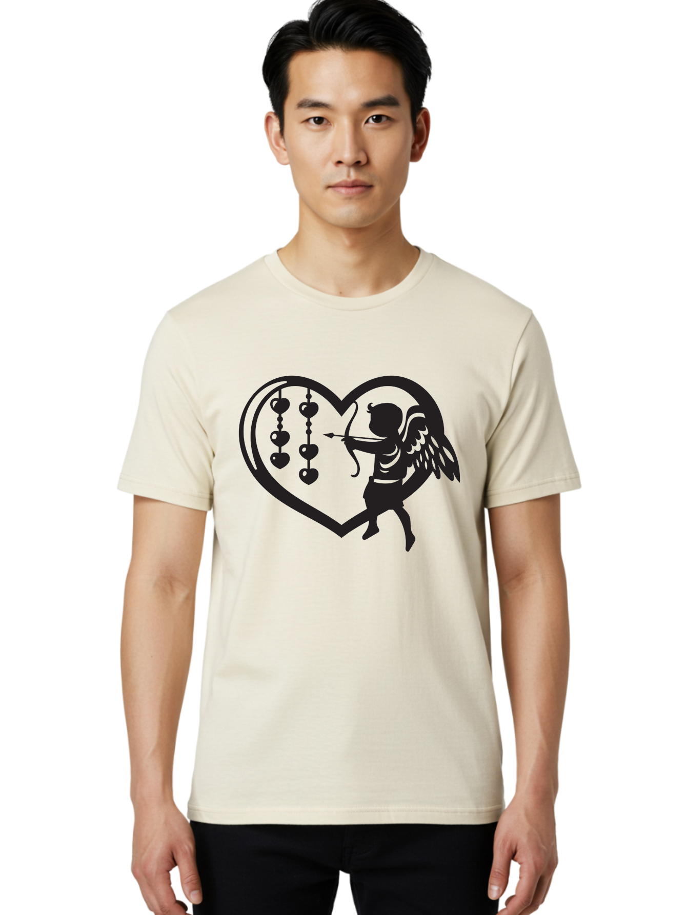 Cupid-With-Heart-Shaped-Necklace Men'S Graphic Tee, 100% Cotton, Comfortable Casual Summer Wear, Machine Washable, Cupid Shooting Arrow, Heart-Shaped Frame, Love Symbol, Valentine'S Day Theme, Romantic Gesture, Heart Beads, Winged Cherub Aab266