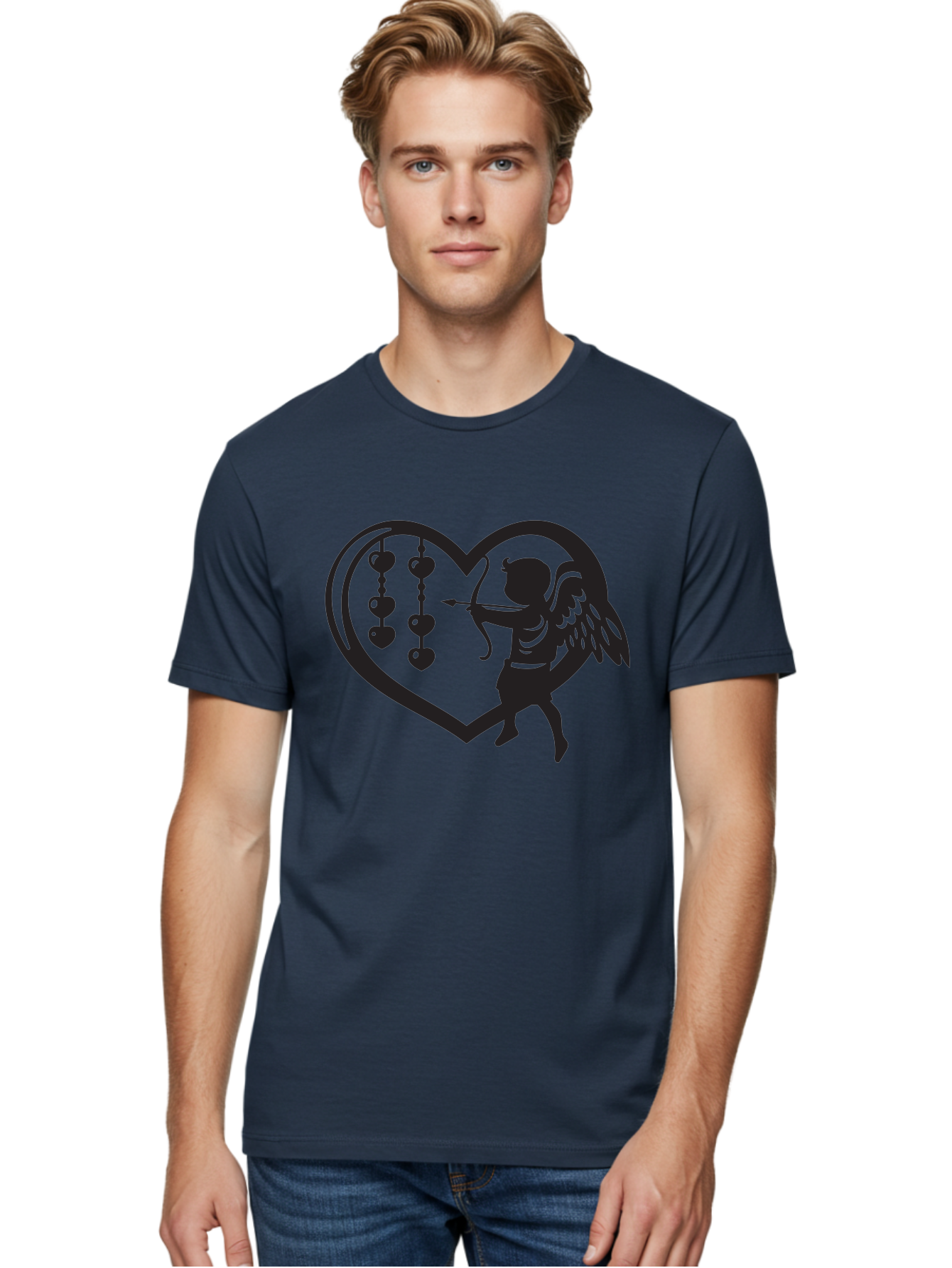 Cupid-With-Heart-Shaped-Necklace Men'S Graphic Tee, 100% Cotton, Comfortable Casual Summer Wear, Machine Washable, Cupid Shooting Arrow, Heart-Shaped Frame, Love Symbol, Valentine'S Day Theme, Romantic Gesture, Heart Beads, Winged Cherub Aab266